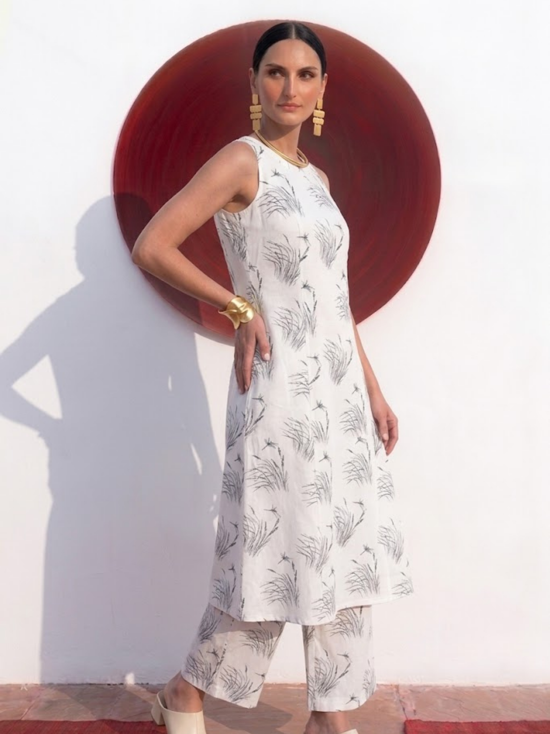 2 pc SET - Husk Cream and Grey Printed Linen Sleeveless Kurta and Pant