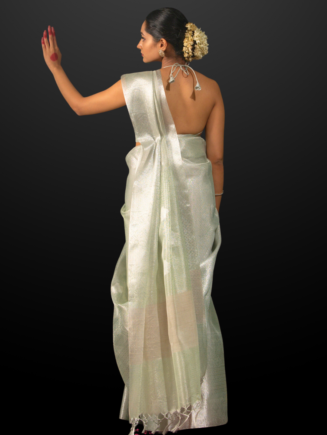 Sage Green & Silver Silk Zari Saree with Blouse Fabric