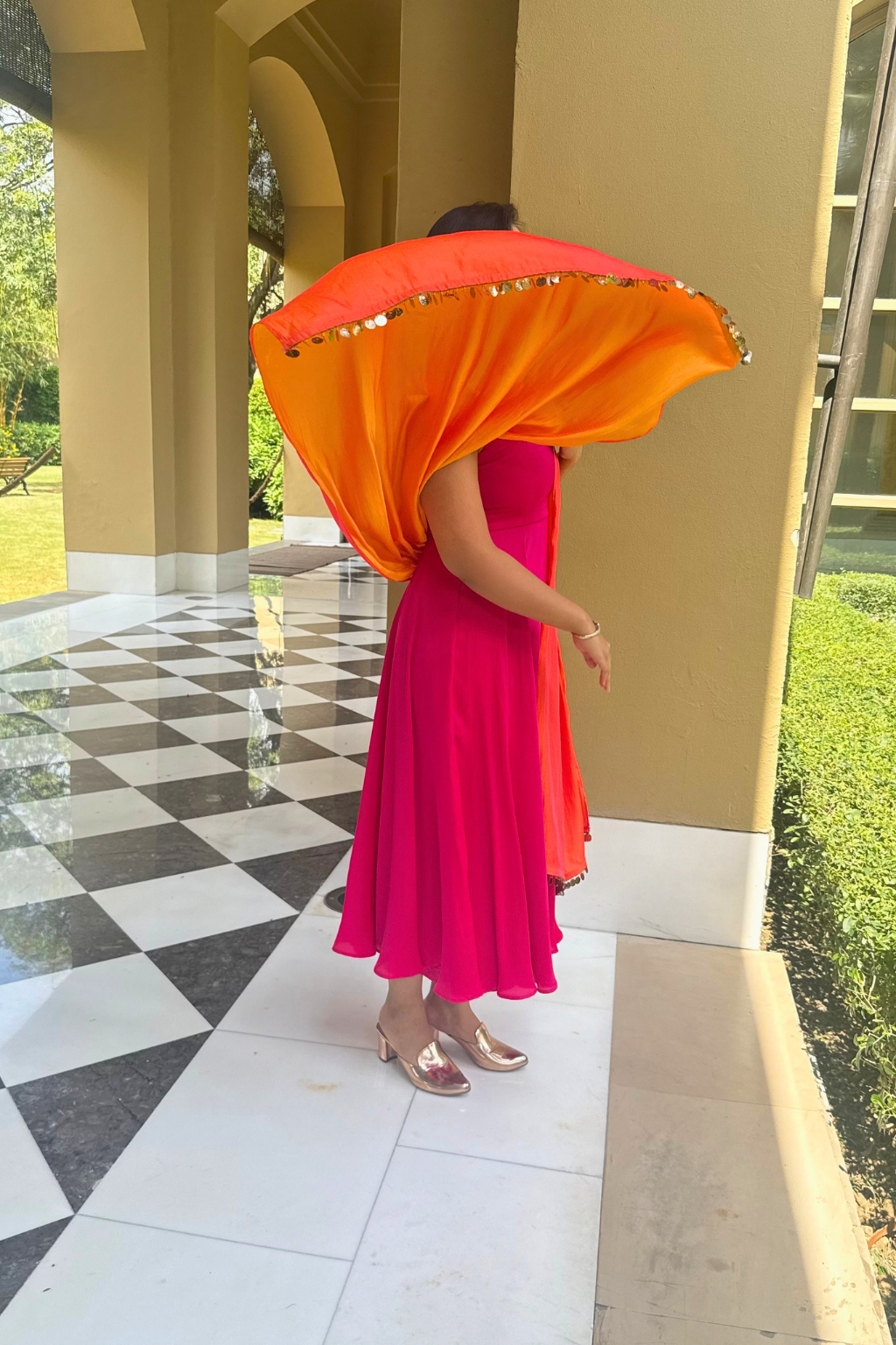 3 pc Suit Set - Fuchsia Dual Satin Sleeveless Anarkali Suit with Pink Orange Dupatta and Pants