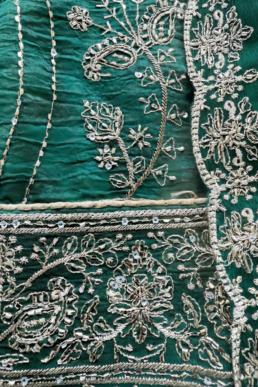 3 Pc Unstitched Suit - Chiffon Turq  hand Embroidered Beaded Kurta with Lining ,Dupatta and Bottom