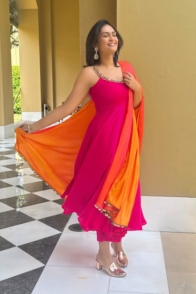 3 pc Suit Set - Fuchsia Dual Satin Sleeveless Anarkali Suit with Pink Orange Dupatta and Pants