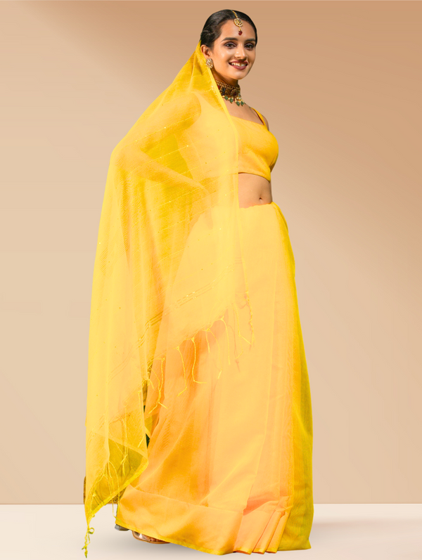 Yellow Sequin Cotton Saree With Blouse Fabric