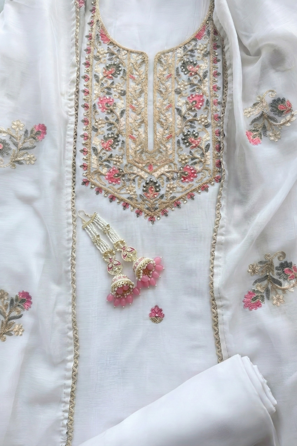 3 Pc Unstitched Suit - Mul White Kashmiri Embroidery Kurta with Beads , Embroidered Dupatta and Bottom