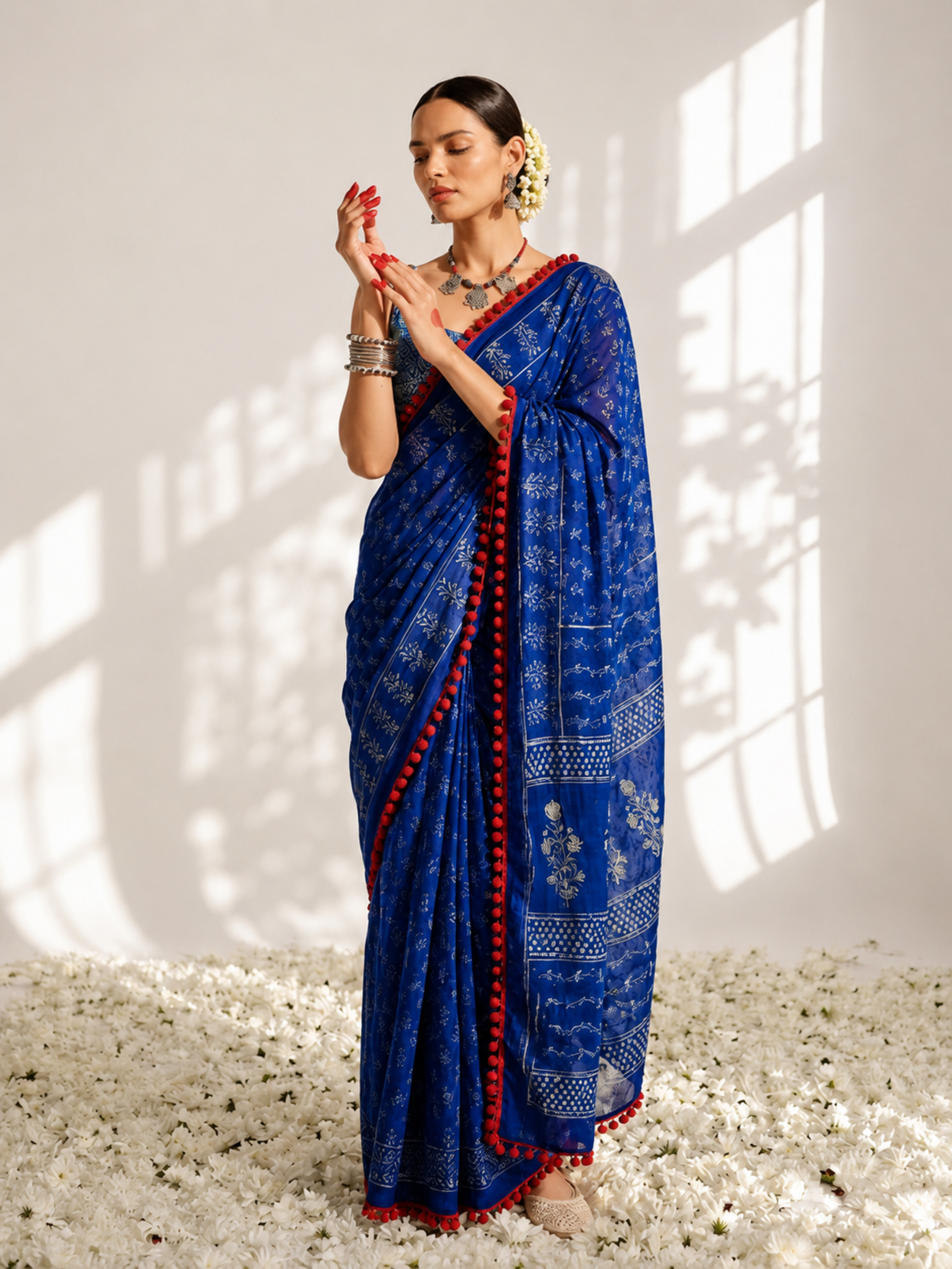 Indigo Hand Block Printed Saree with Red Lace and Blouse Fabric