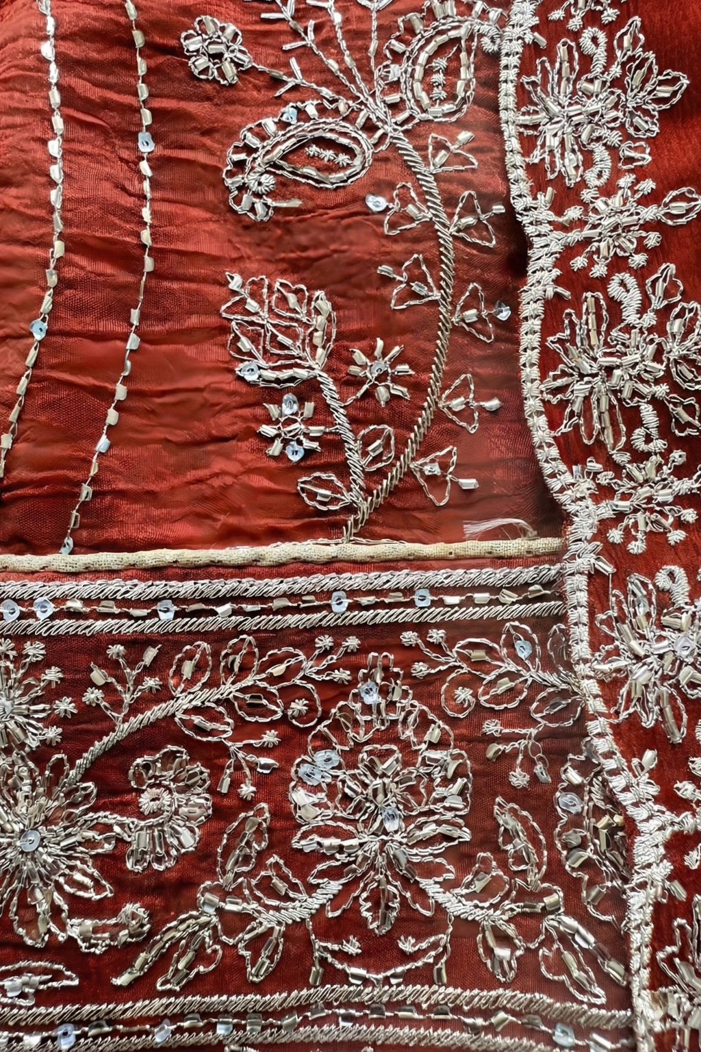 3 Pc Unstitched Suit - Chiffon Tangerine hand Embroidered Beaded Kurta with Lining ,Dupatta and Bottom