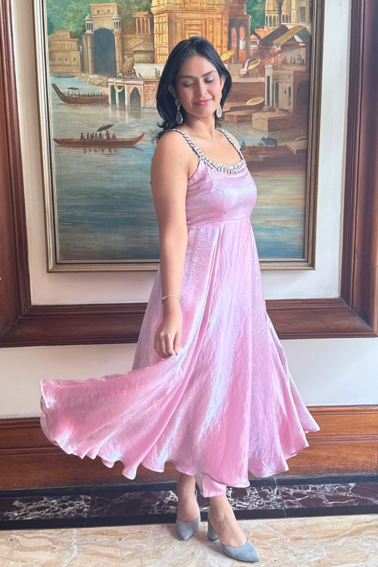 2 Pc Set -  Pink Blue Satin Sleeveless Anarkali with Silver Glass Beads Neckline with Pants