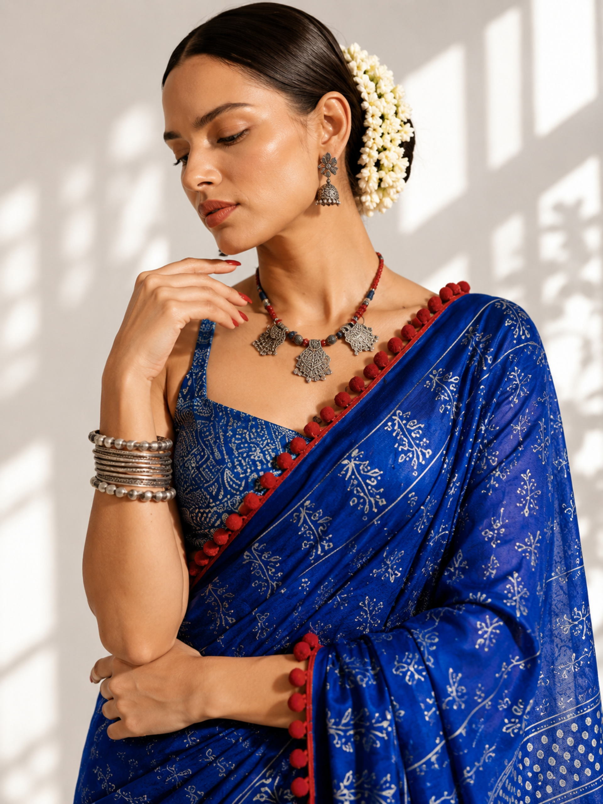 Indigo Hand Block Printed Saree with Red Lace and Blouse Fabric