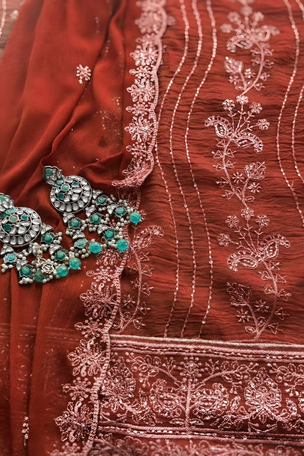 3 Pc Unstitched Suit - Chiffon Tangerine hand Embroidered Beaded Kurta with Lining ,Dupatta and Bottom