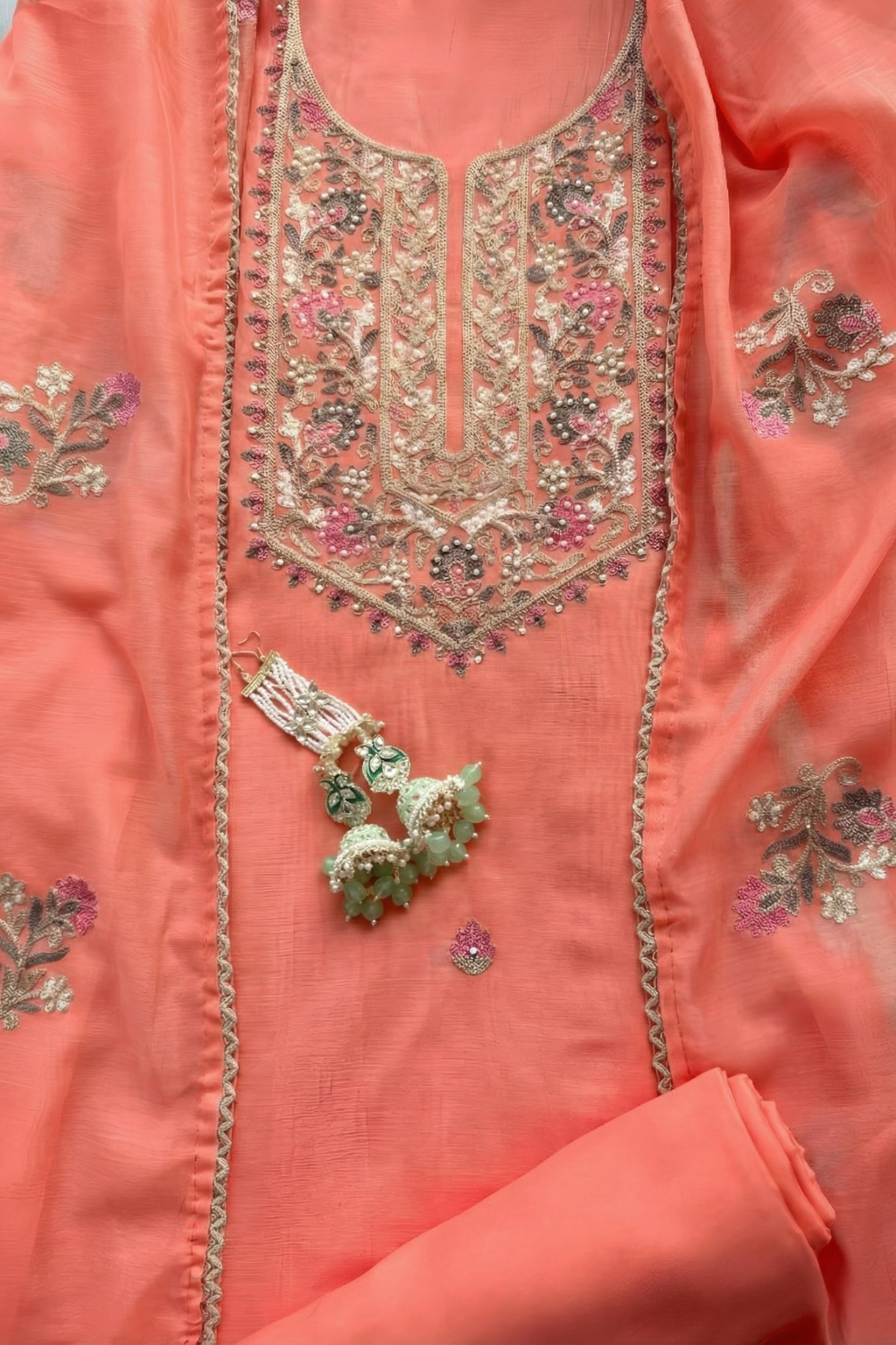 3 Pc Unstitched Suit - Mul Peach Kashmiri Embroidery Kurta with Beads , Embroidered Dupatta and Bottom