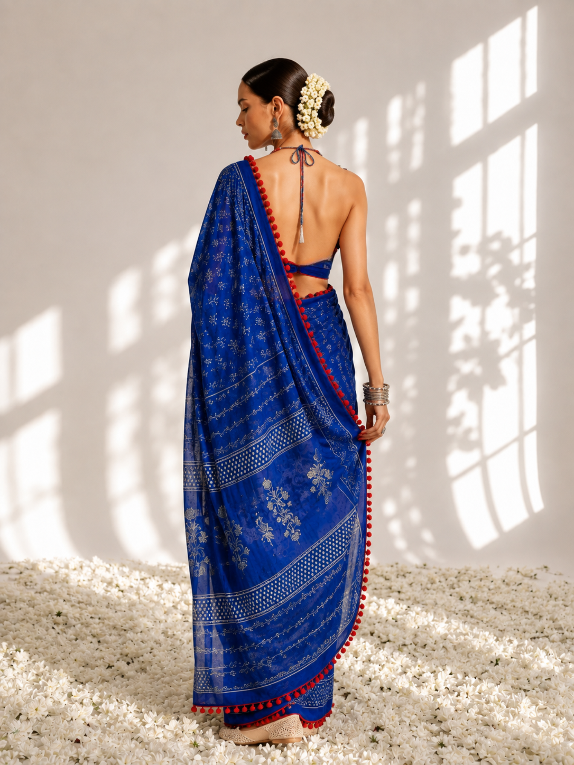 Indigo Hand Block Printed Saree with Red Lace and Blouse Fabric