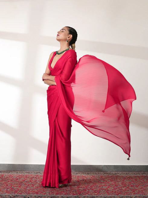 Ruby Butter Chiffon Pre-draped Saree with Self Blouse Fabric