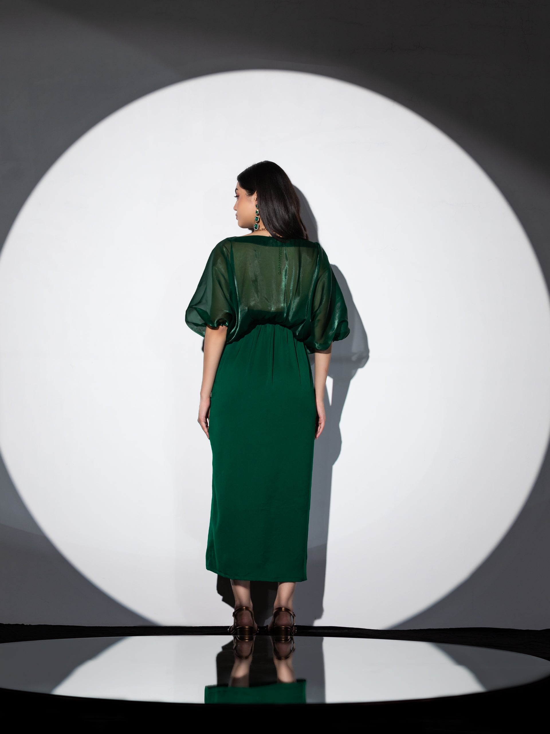 Women's Metal Strap Korean Emerald Dress Set with Satin Organza Cape 2 Piece Set | A-Line, V Neck, Sleeveless, Partywear, (Satin Organza)