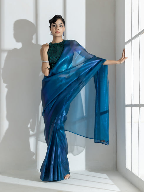 Regal Blue with Pink Shine organza Net Saree and Sequin Blouse Fabric