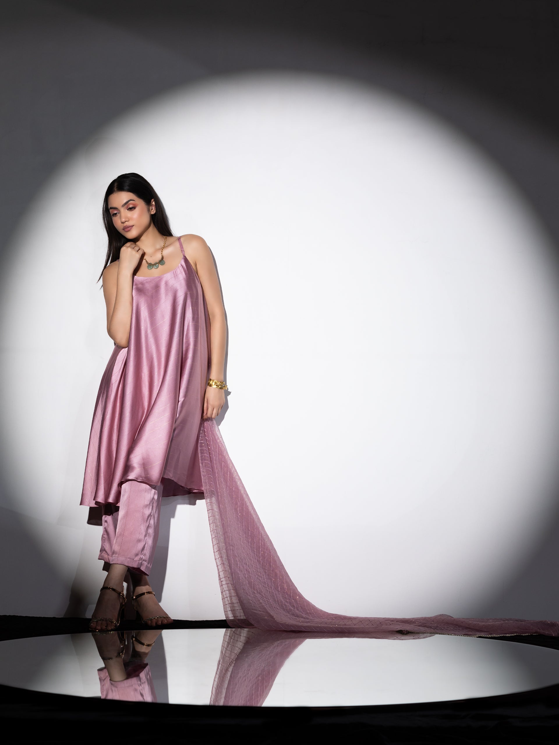 Women's Pink Stripe Satin Dress Set with Pants and Organza Sparkle Dupatta with Lace 3 Piece Set | Straight Fit, Round Neck, Sleeveless, Pants, Festive Wear, (Satin)