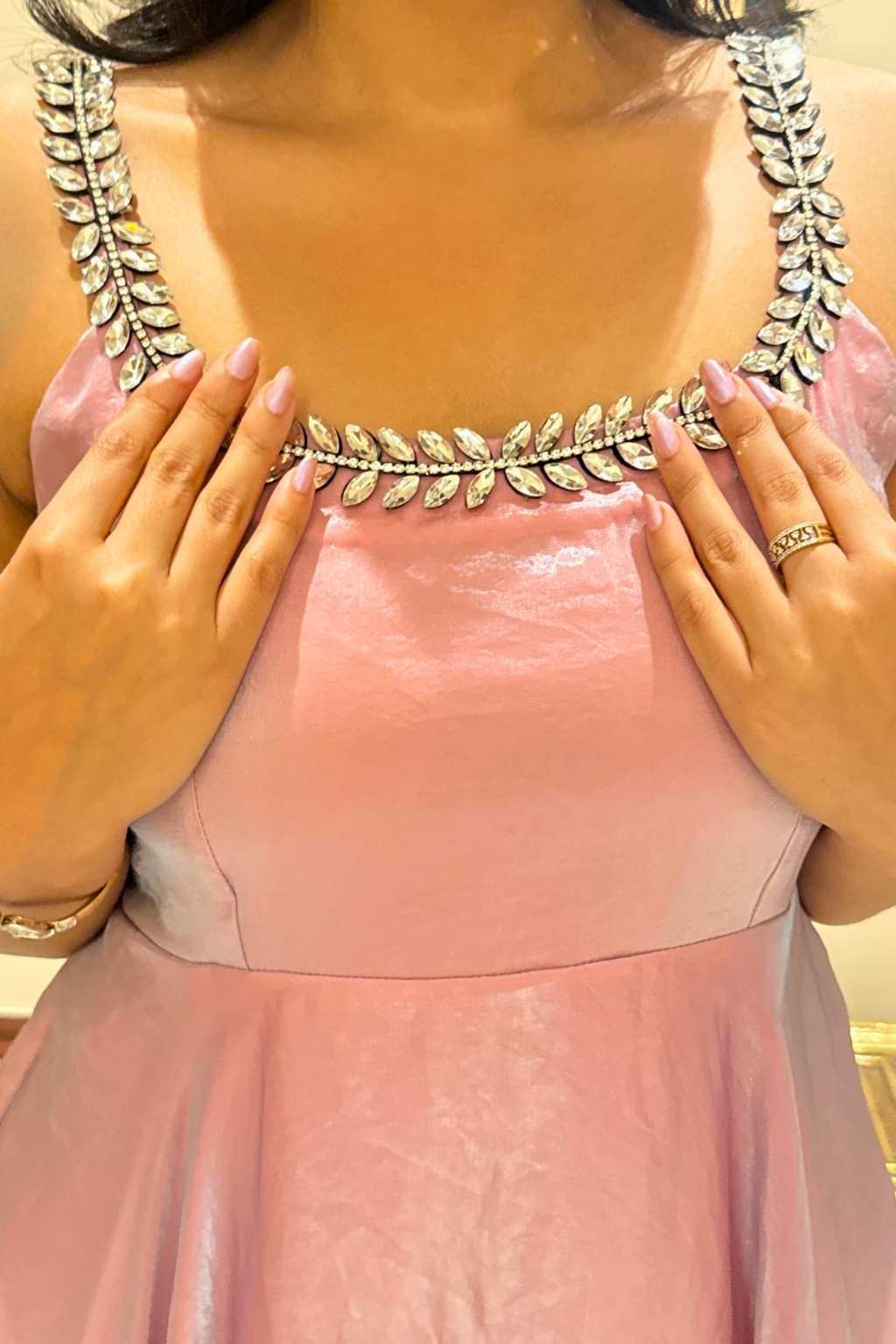 2 Pc Set -  Pink Blue Satin Sleeveless Anarkali with Silver Glass Beads Neckline with Pants