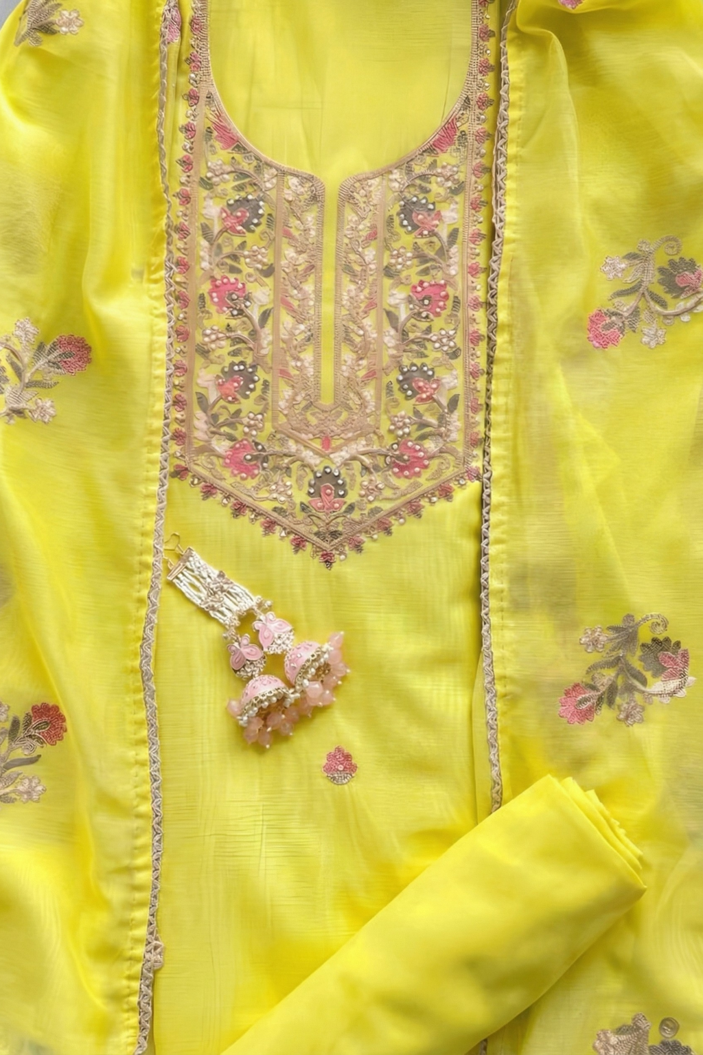 3 Pc Unstitched Suit - Mul Yellow Kashmiri Embroidery Kurta with Beads , Embroidered Dupatta and Bottom