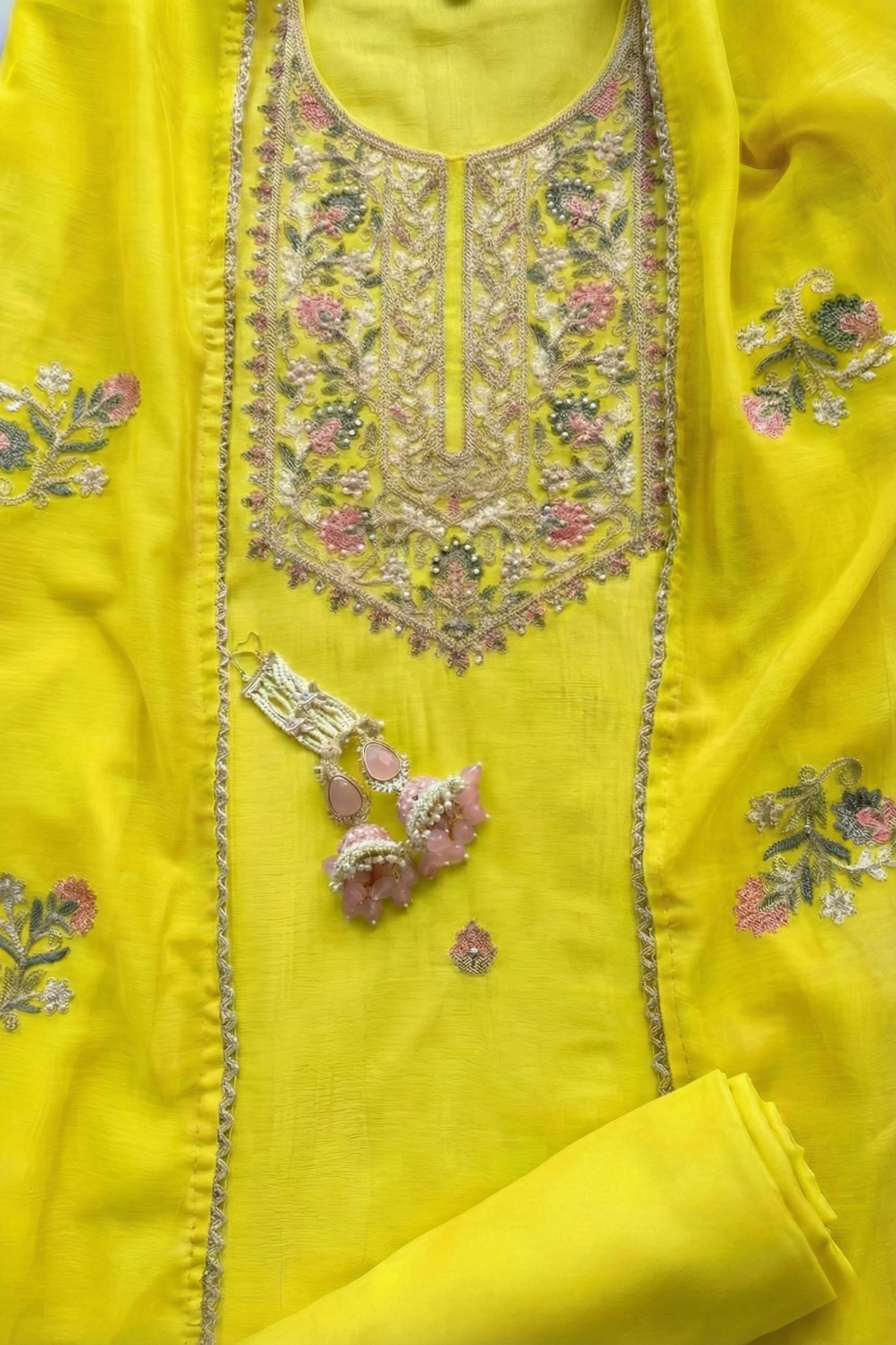 3 Pc Unstitched Suit - Mul Yellow Kashmiri Embroidery Kurta with Beads , Embroidered Dupatta and Bottom