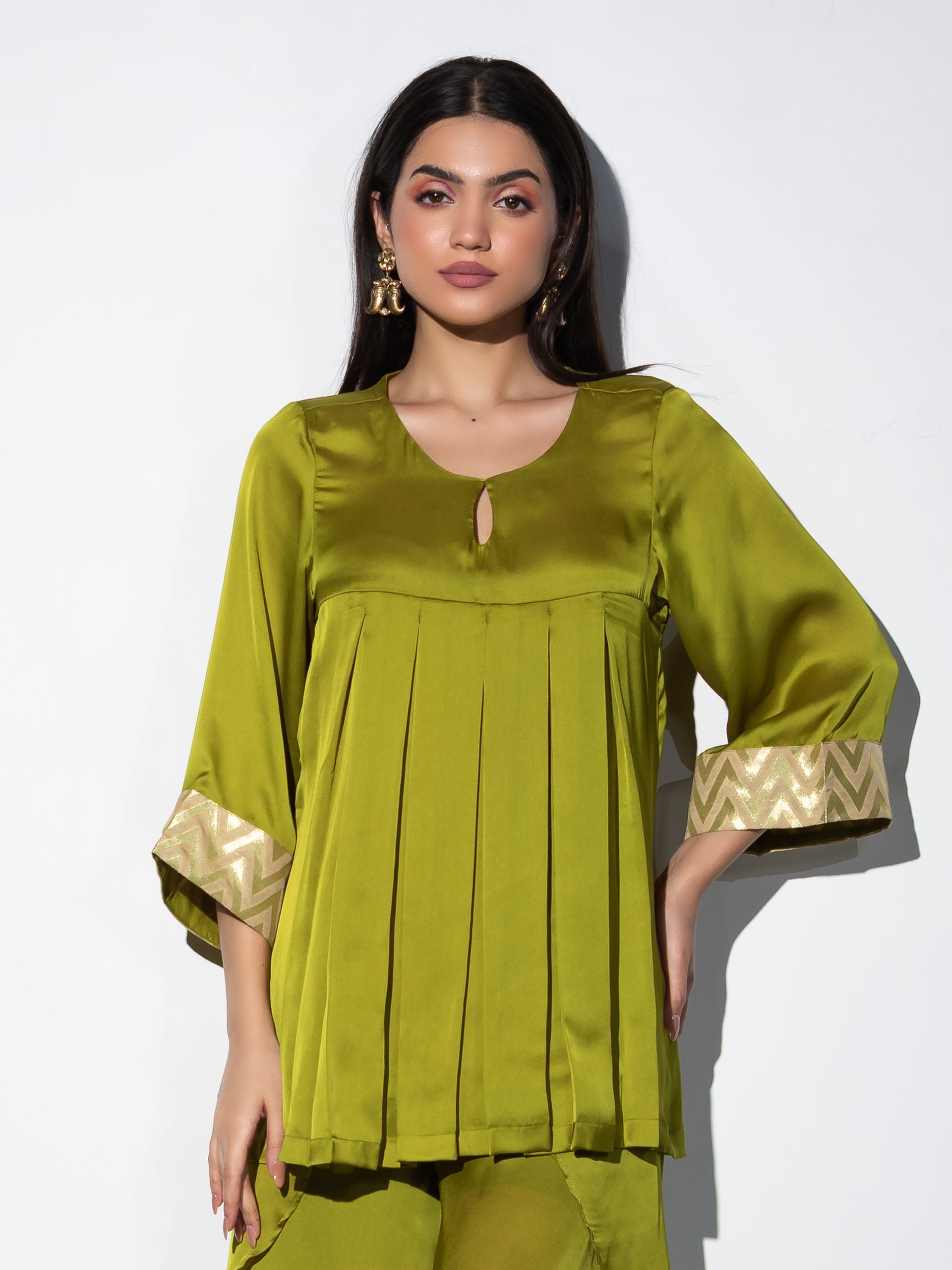 Women's Lime Green Satin Kurta with Pleated Front and Inner Brocade Cuff 1 Piece | Straight Fit, Round Neck, 3/4 Sleeves, Festive Wear, (Satin)