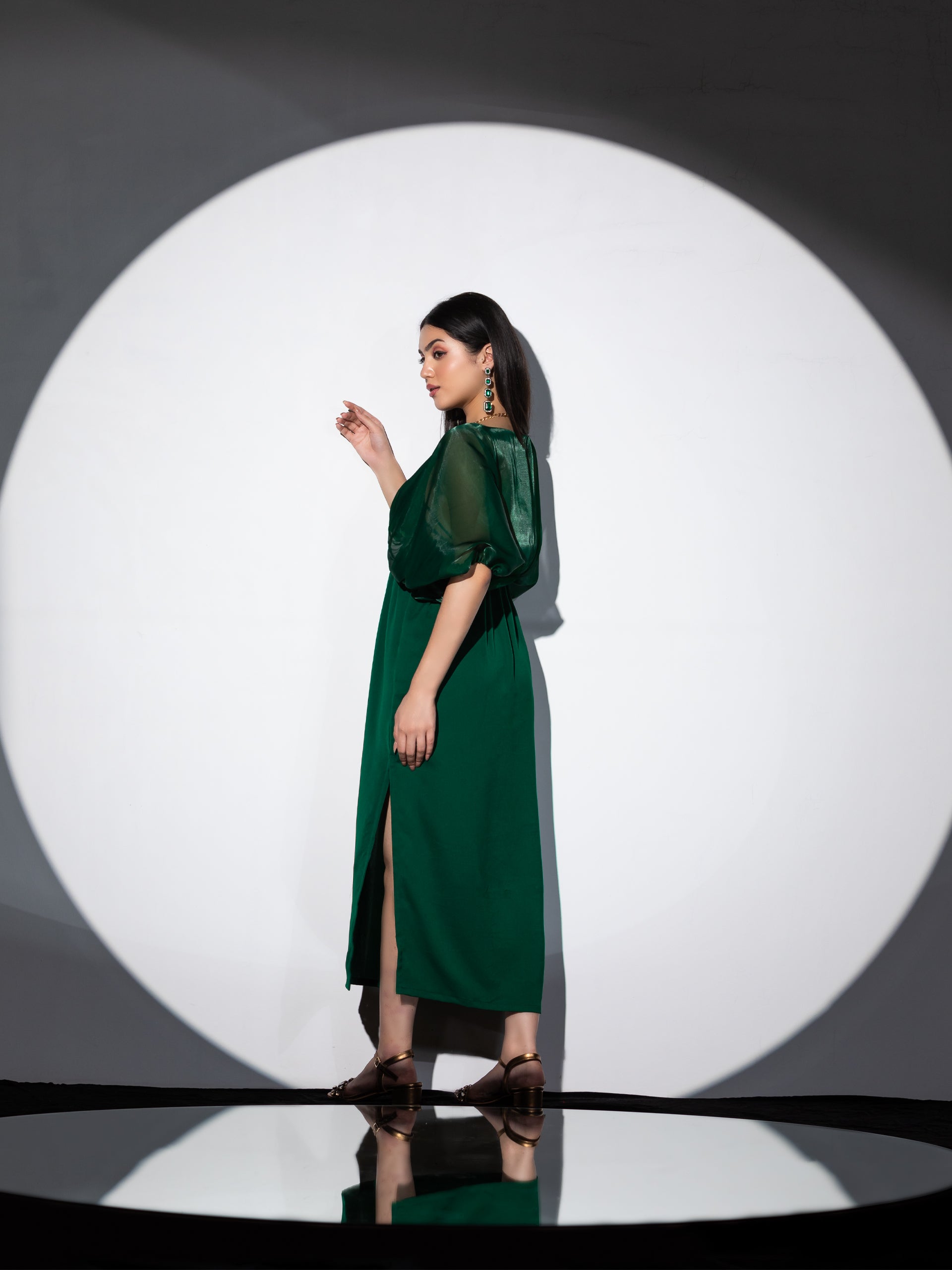 Women's Metal Strap Korean Emerald Dress Set with Satin Organza Cape 2 Piece Set | A-Line, V Neck, Sleeveless, Partywear, (Satin Organza)