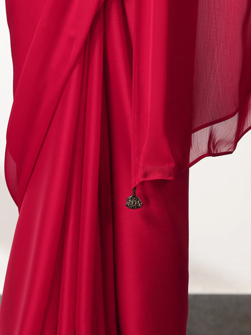 Ruby Butter Chiffon Pre-draped Saree with Self Blouse Fabric