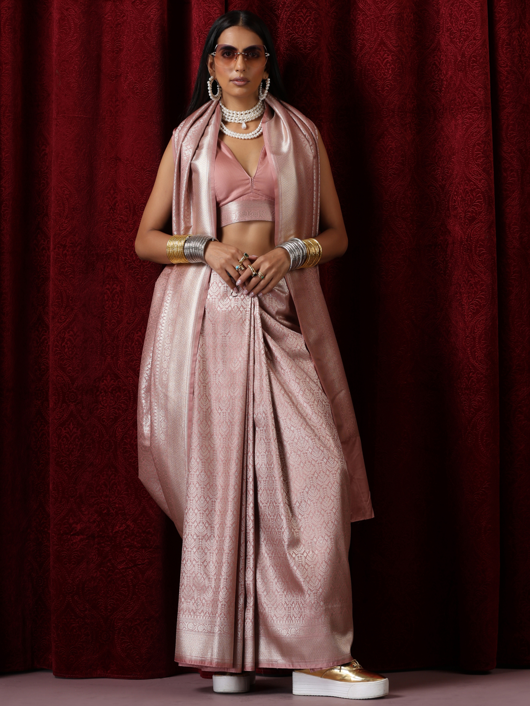 Banarasi Blush Pure Silk Jaal Jacquard Saree with Blouse Fabric