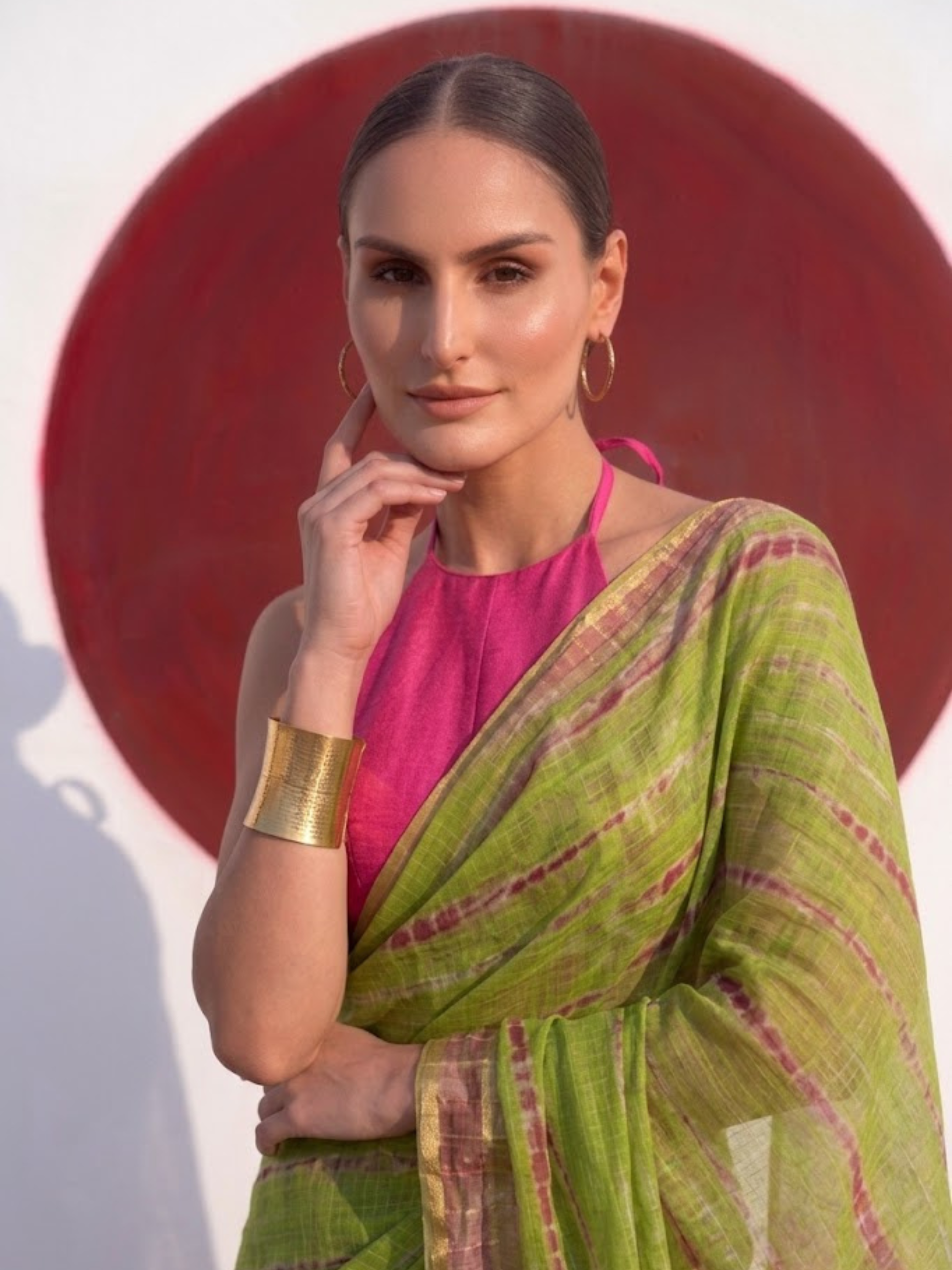 Green and Pink Pure Silk Kota Tie Dye Saree with Blouse Fabric