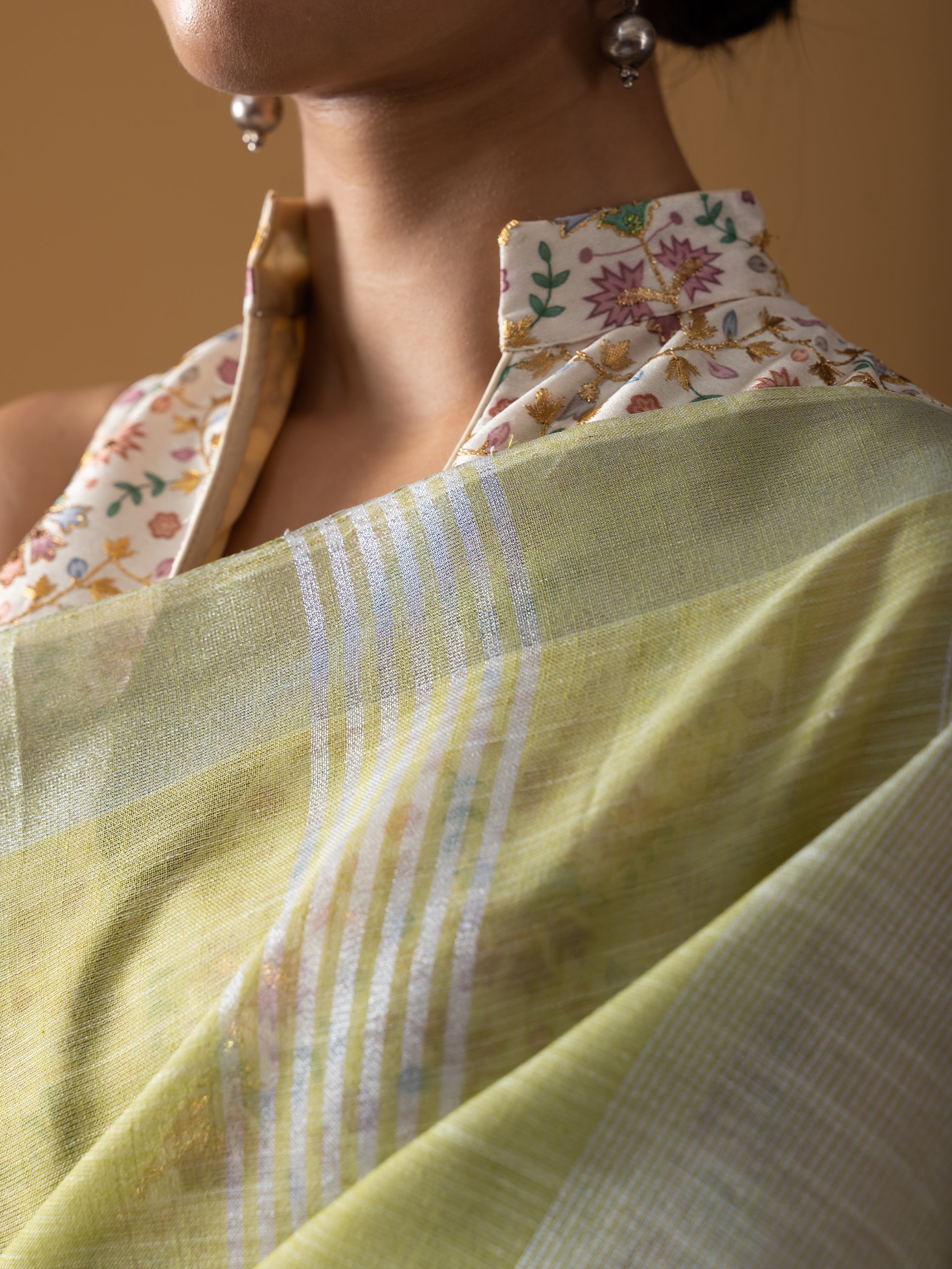 Lime Khadi Linen Blend Saree
