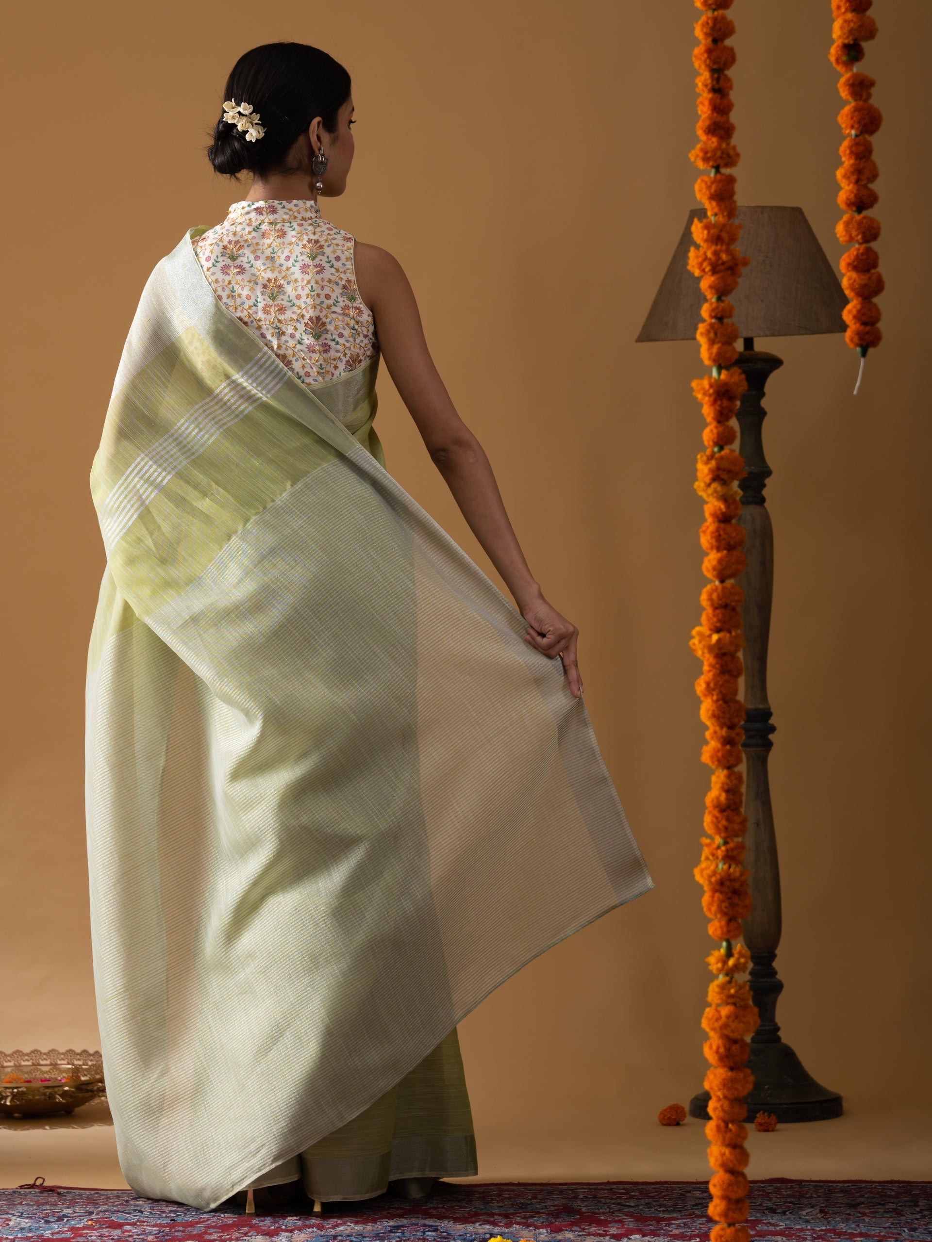 Lime Khadi Linen Blend Saree