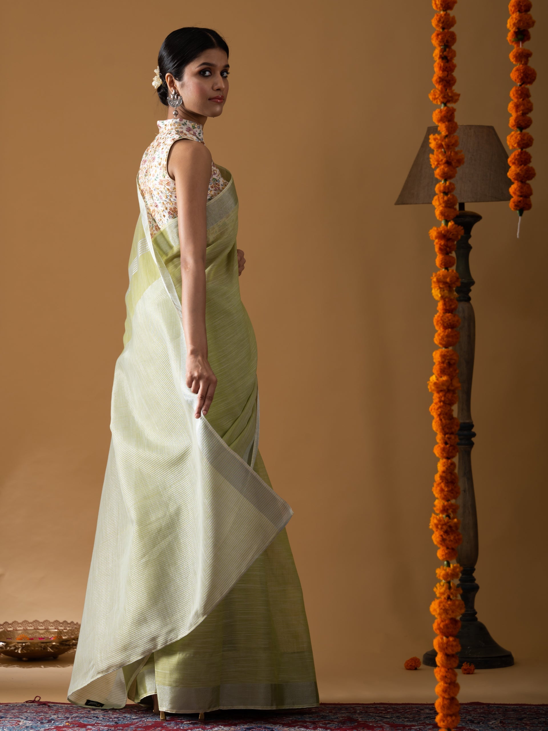 Lime Khadi Linen Blend Saree