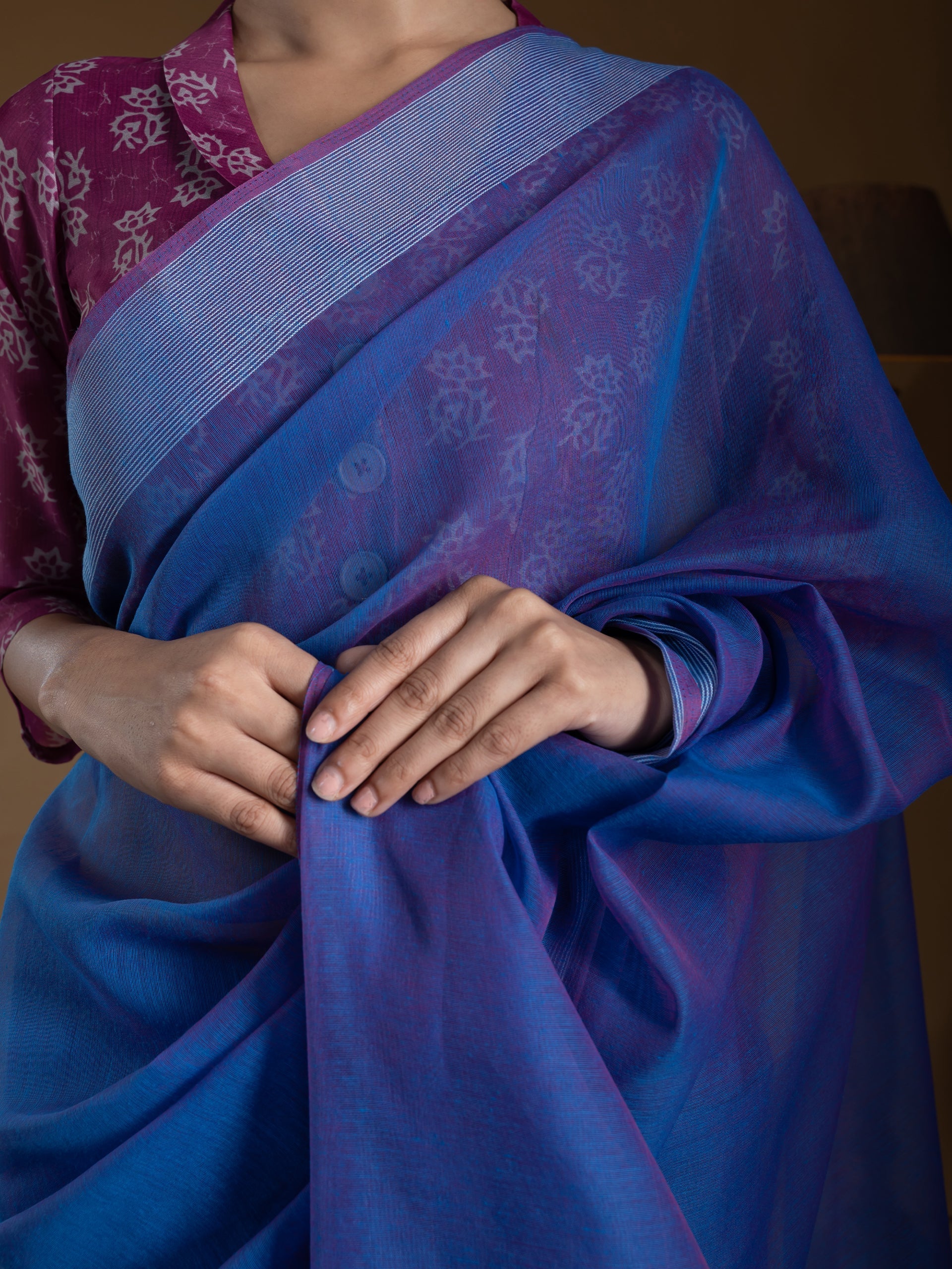 Purple Cotton Blend Saree with White Stripe Border