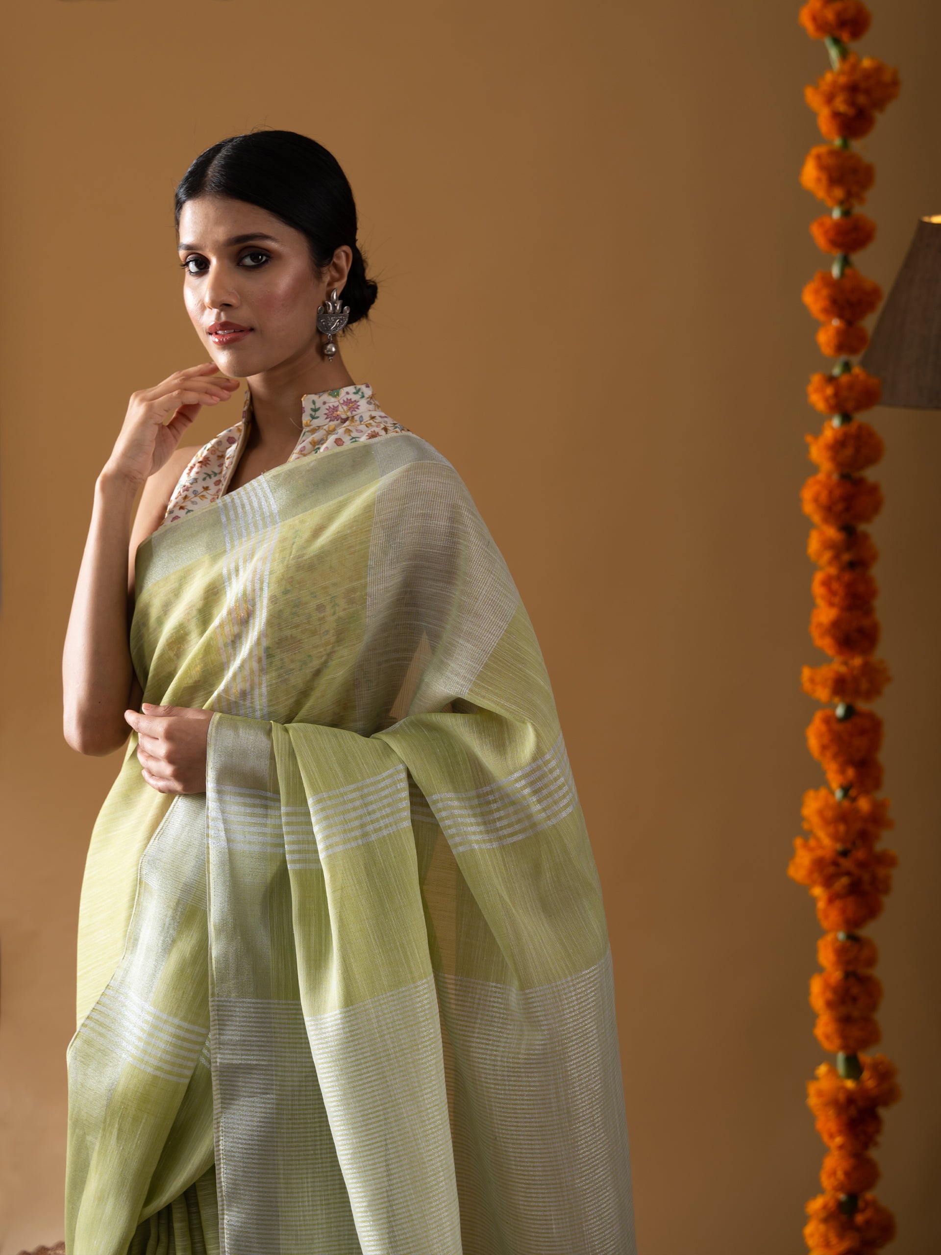 Lime Khadi Linen Blend Saree