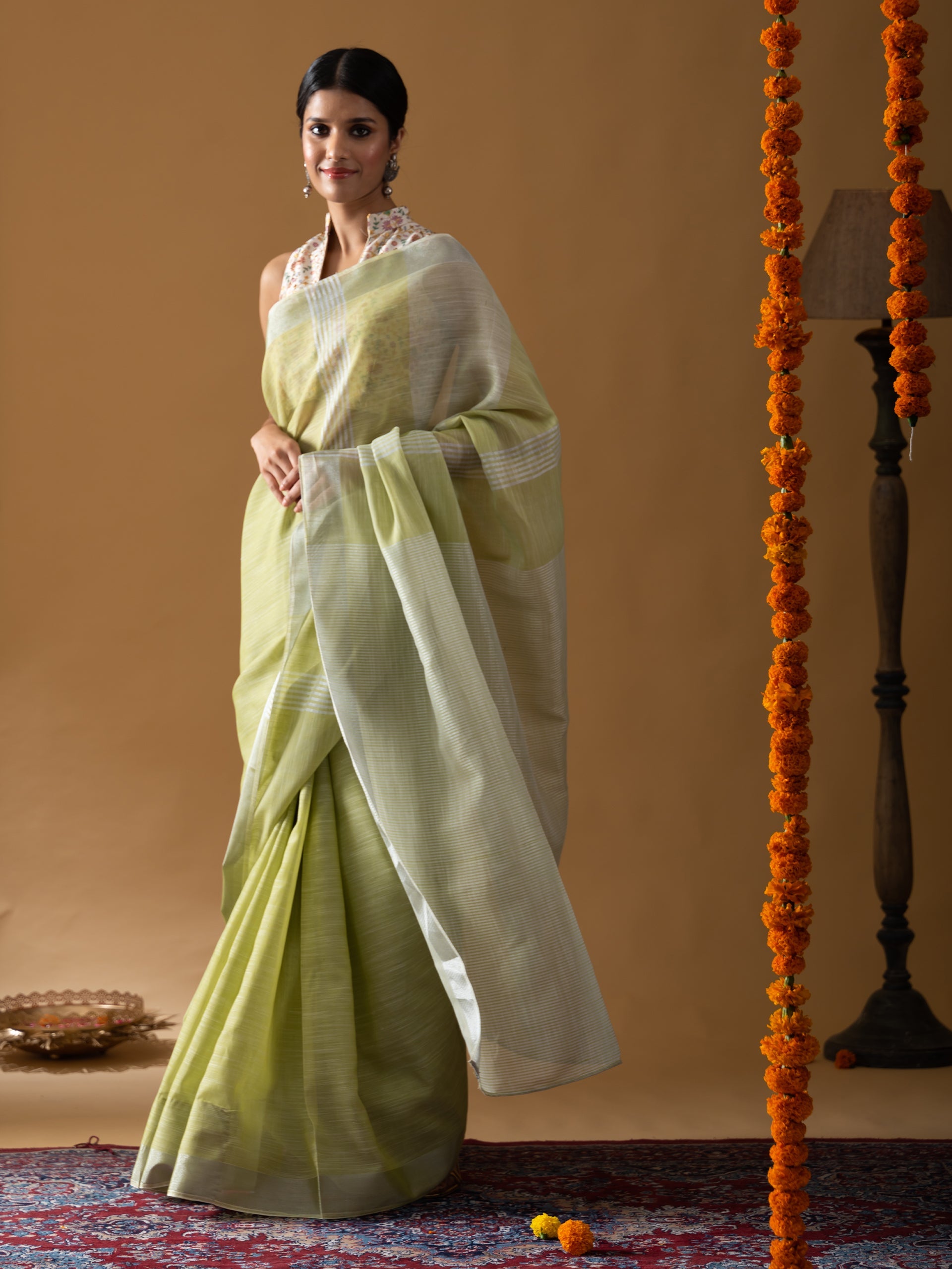 Lime Khadi Linen Blend Saree