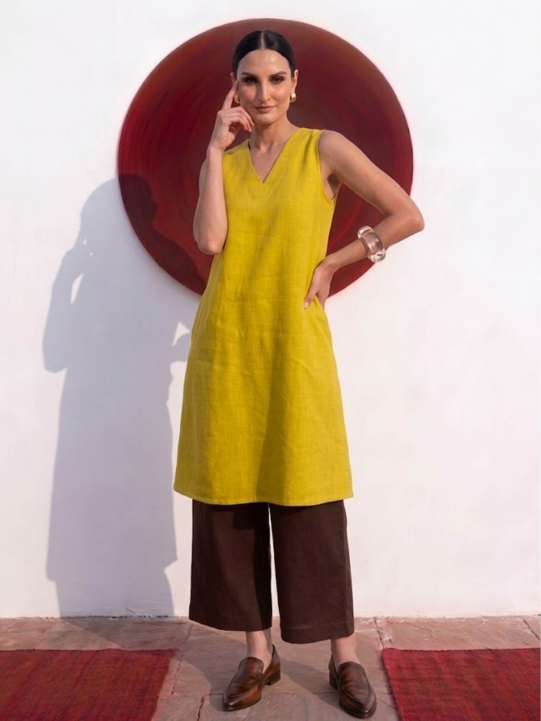 2 pc SET - High Slit Linen Lime Kurta with Brown Pants