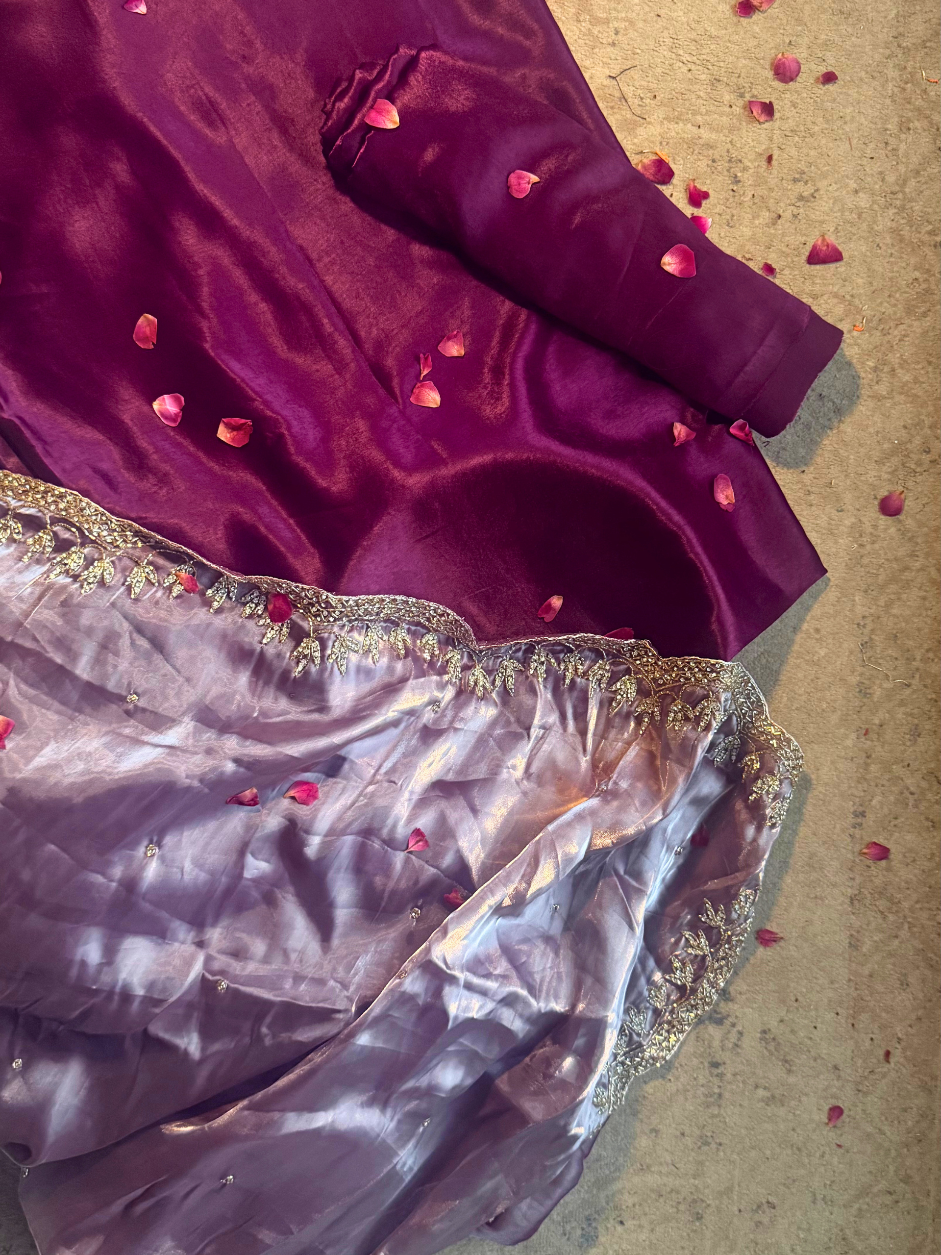 3 Pc Unstitched Suit - Wine Plush Fabric Kurta and Pant with Hand Beaded Scallop Dupatta
