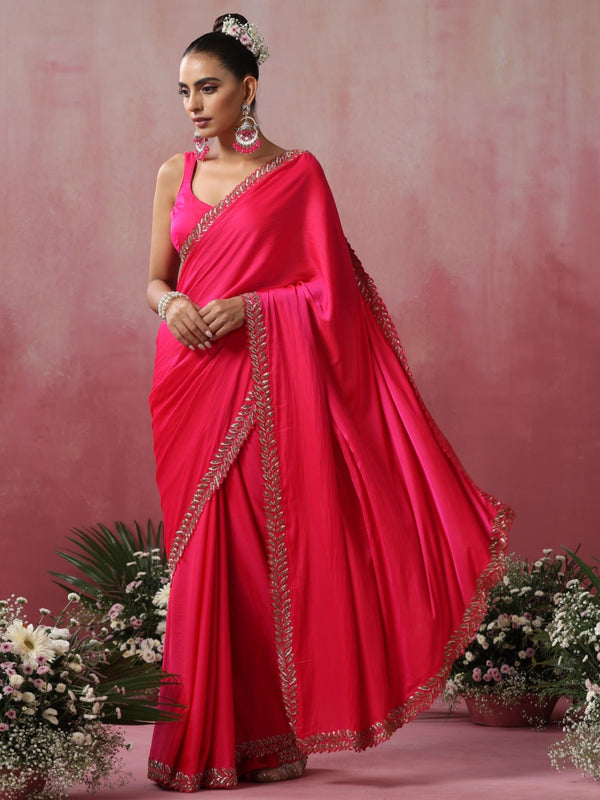 Fuchsia Leaf Hand Embroidery Cut Dana All over Embroidery Satin Saree with Plain Blouse Fabric