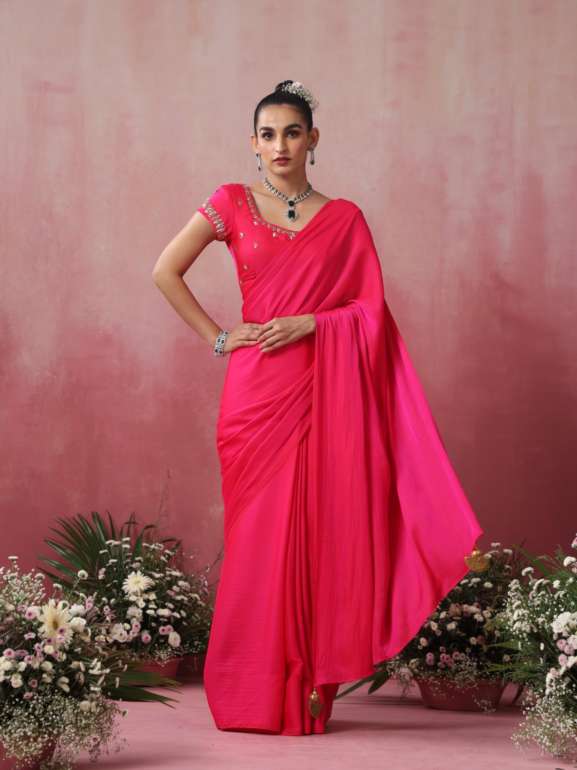 Fuchsia Satin Saree with Hand Embroidery Blouse Fabric