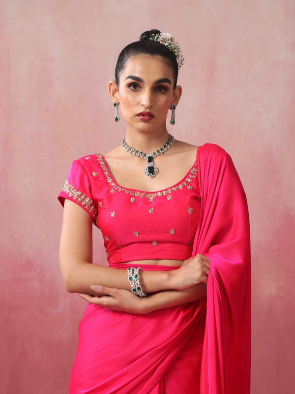 Fuchsia Satin Saree with Hand Embroidery Blouse Fabric