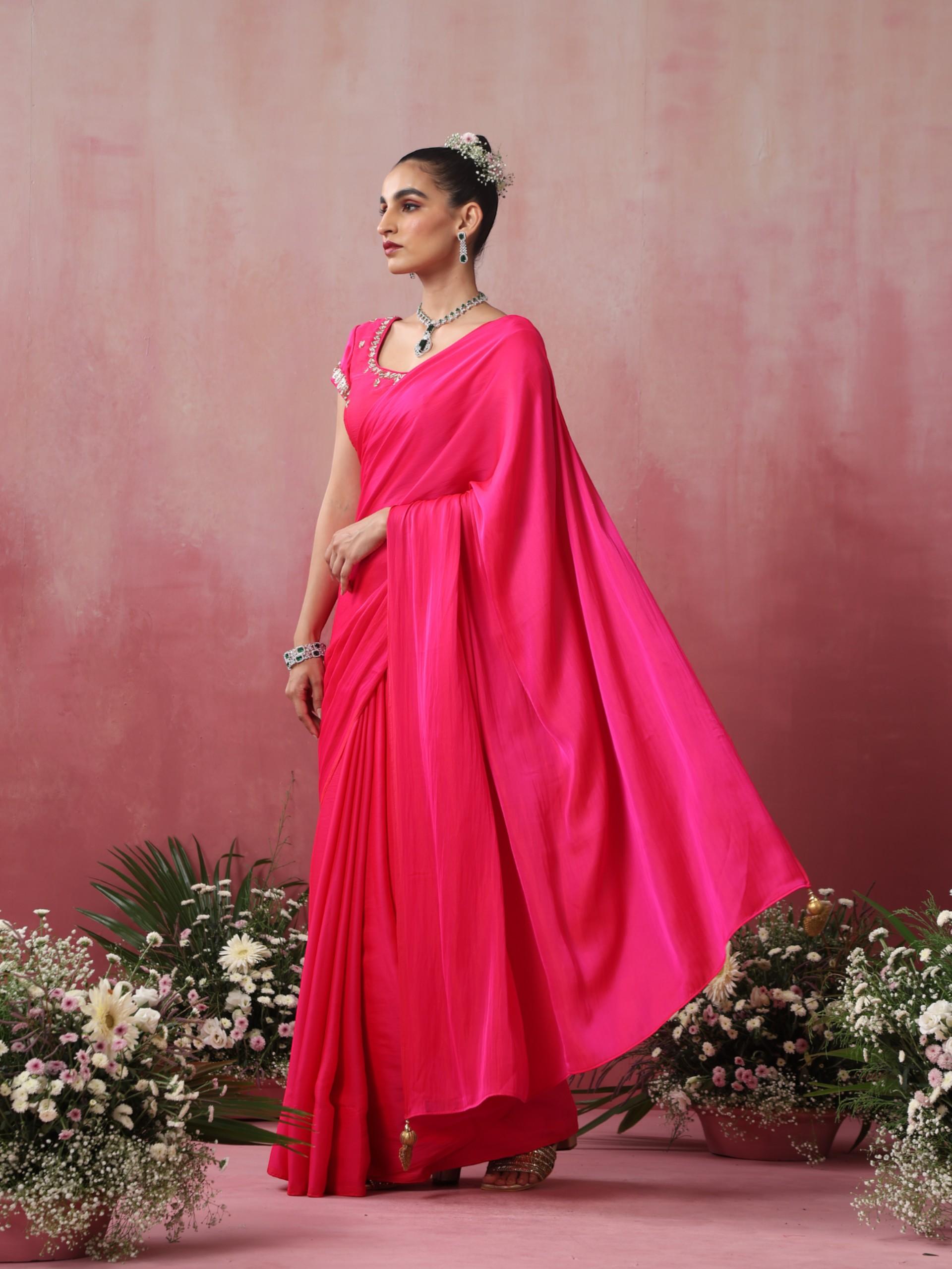 Fuchsia Satin Saree with Hand Embroidery Blouse Fabric