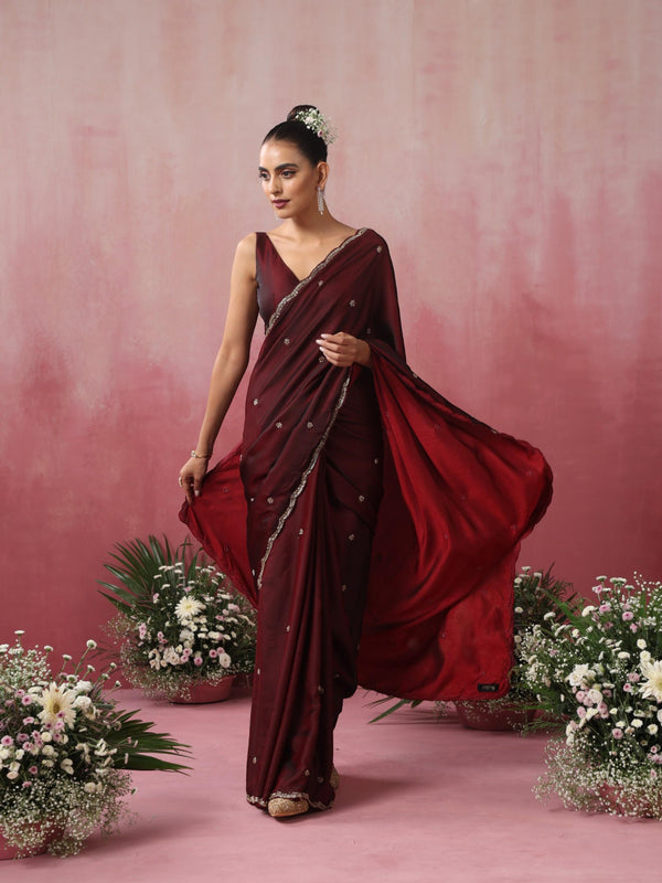 Rosewood Hand Embroidery Cut Dana All over Embroidery Satin Saree with Plain Blouse Fabric