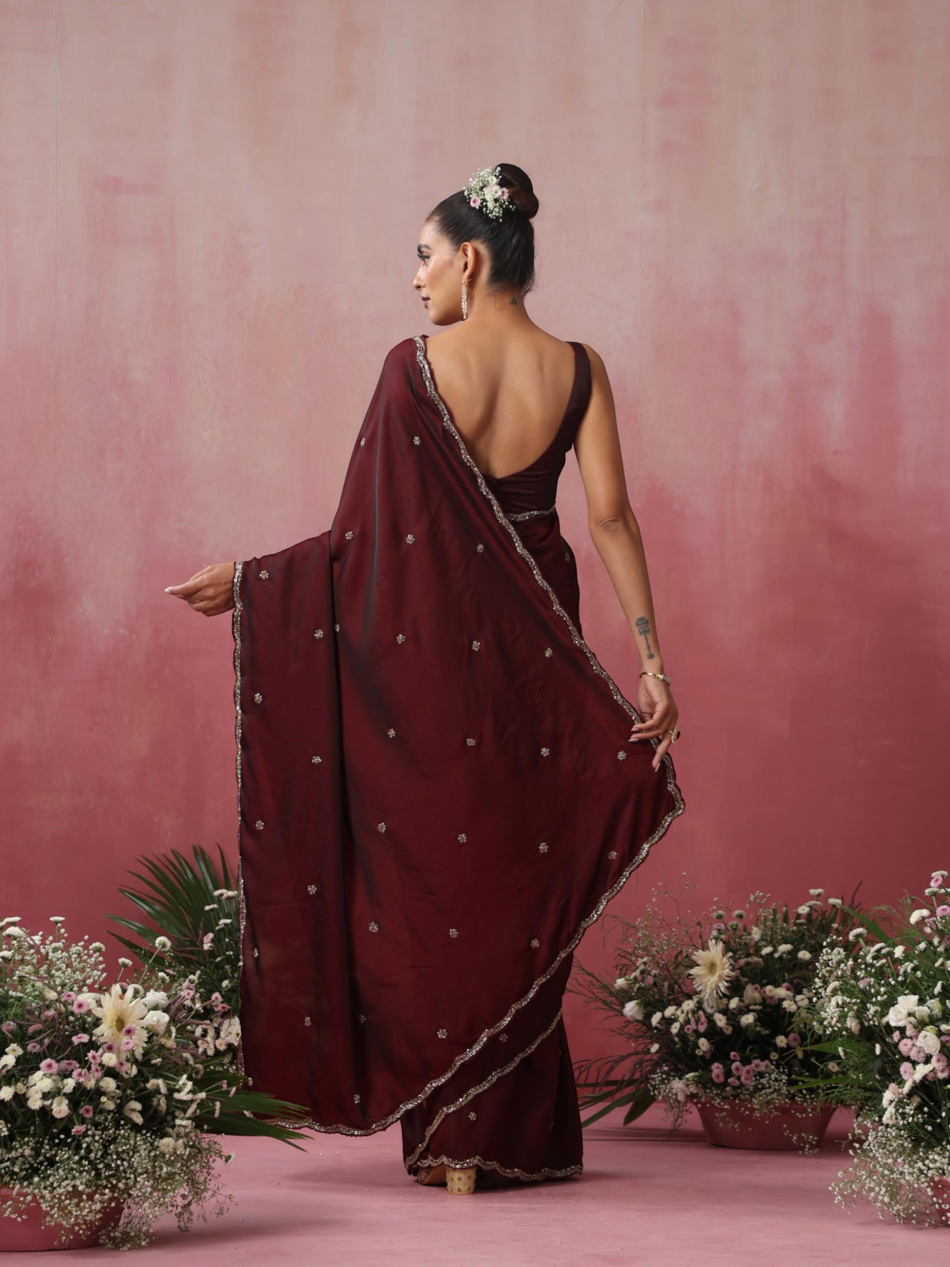 Rosewood Hand Embroidery Cut Dana All over Embroidery Satin Saree with Plain Blouse Fabric