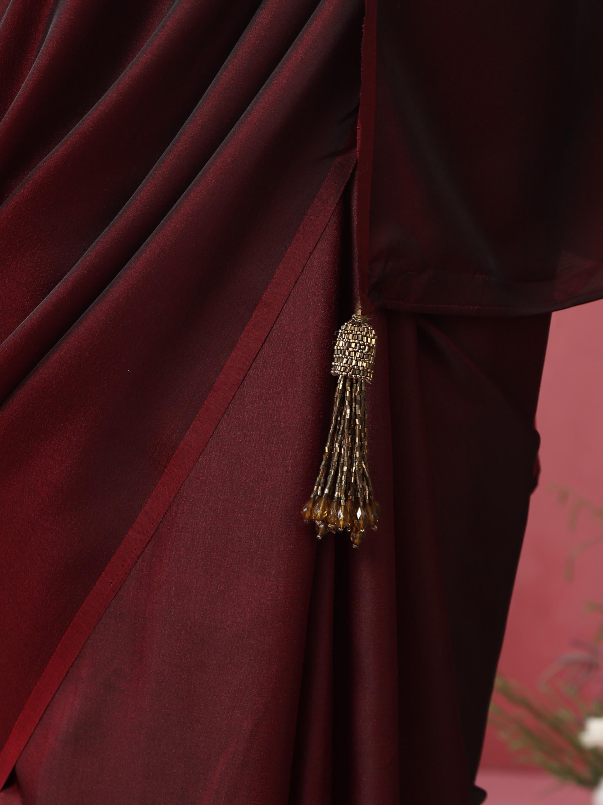 Rosewood Satin Saree with Hand Embroidery Blouse Fabric