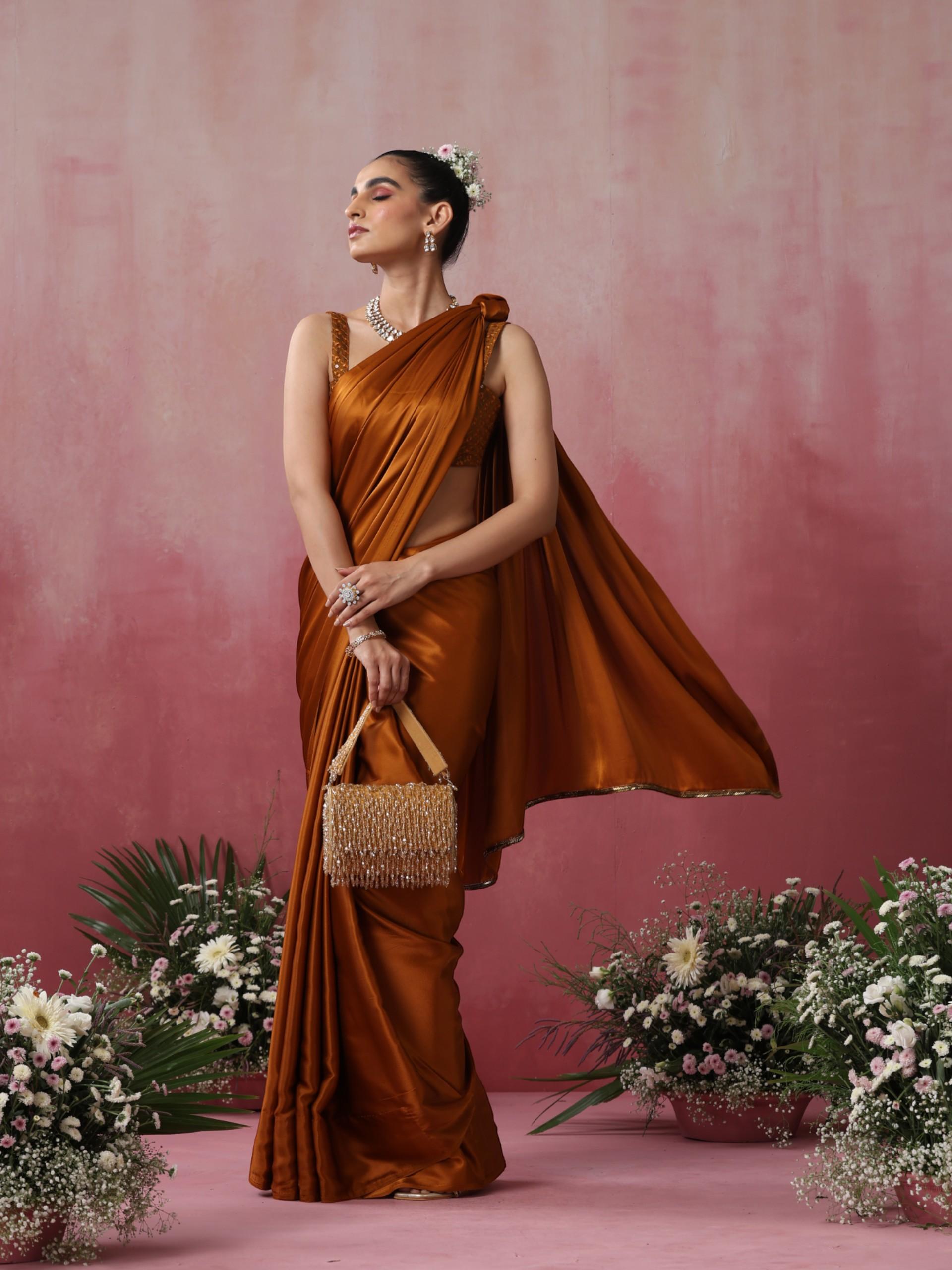 Mustard Magma Satin Saree with Lace and Embroidered Blouse Fabric