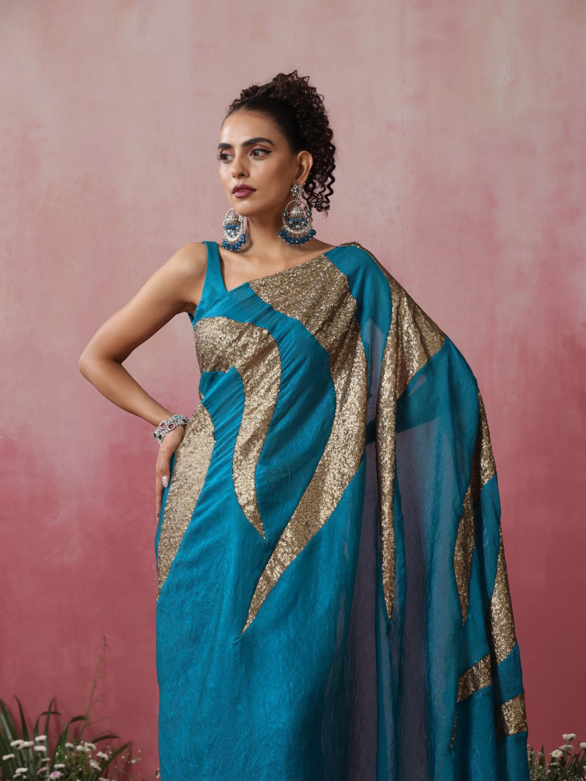 Peacock Crushed Metallic Saree with Golden Sequin Fire with Blouse Fabric