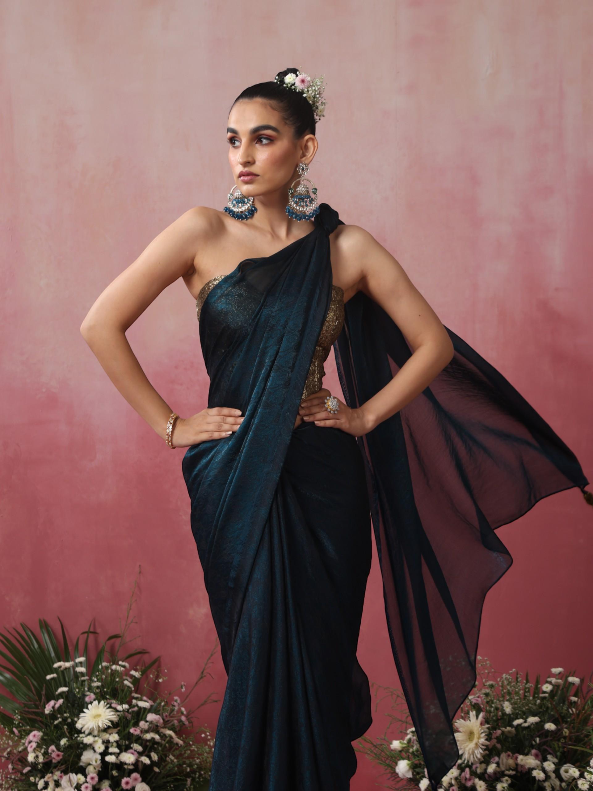 Blazing Blue Paisley Chiffon Saree with Long Pendants