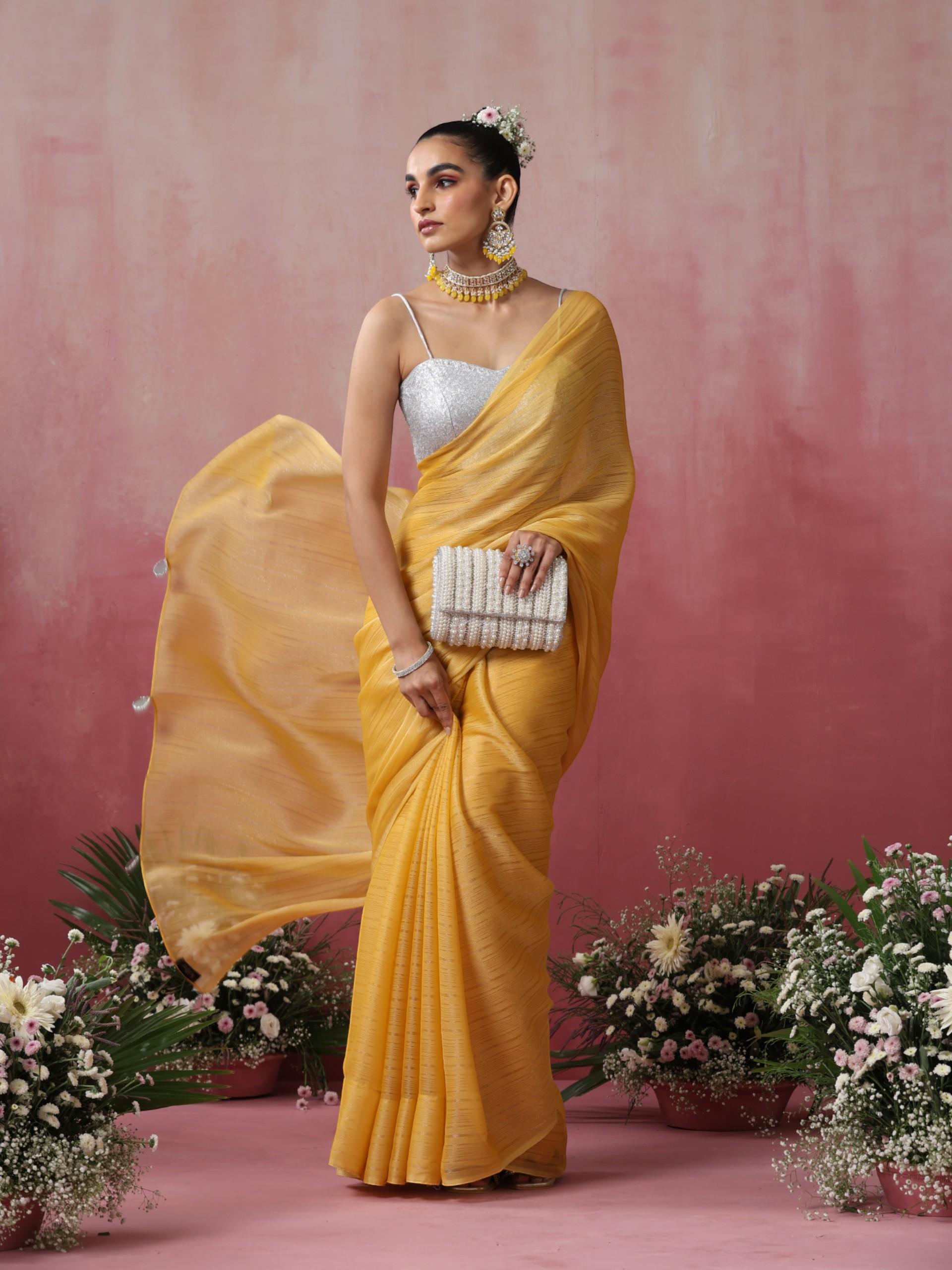 Bee Yellow Stripe Chiffon Saree with Pendants
