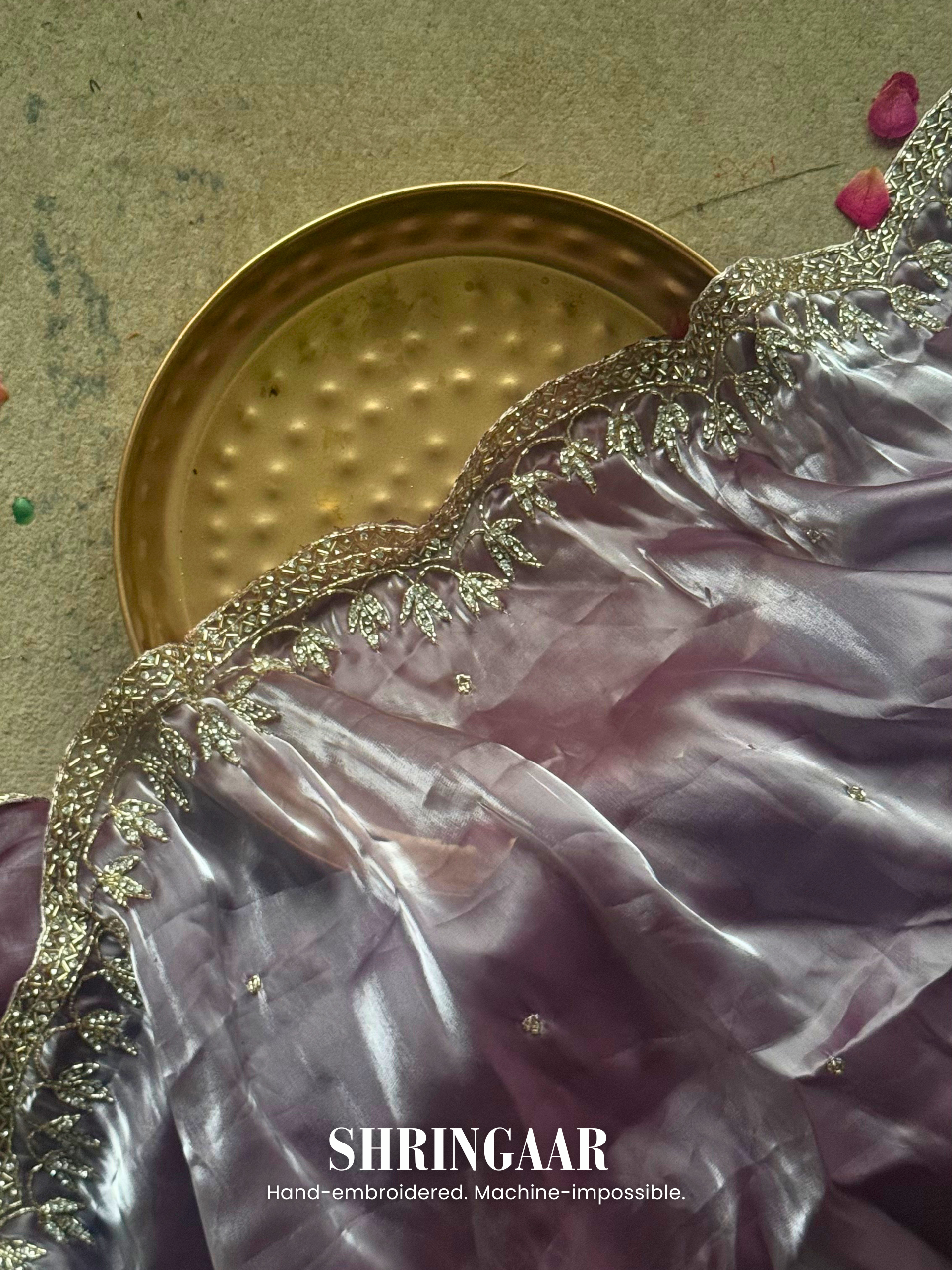 3 Pc Unstitched Suit - Wine Plush Fabric Kurta and Pant with Hand Beaded Scallop Dupatta