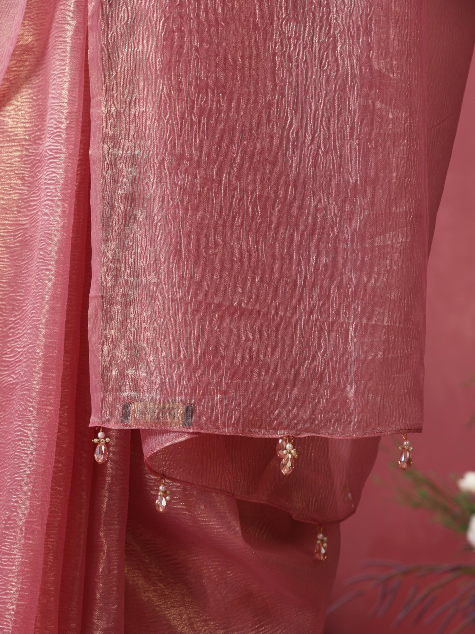Pink Goldy Crushed Organza Saree with Pendants