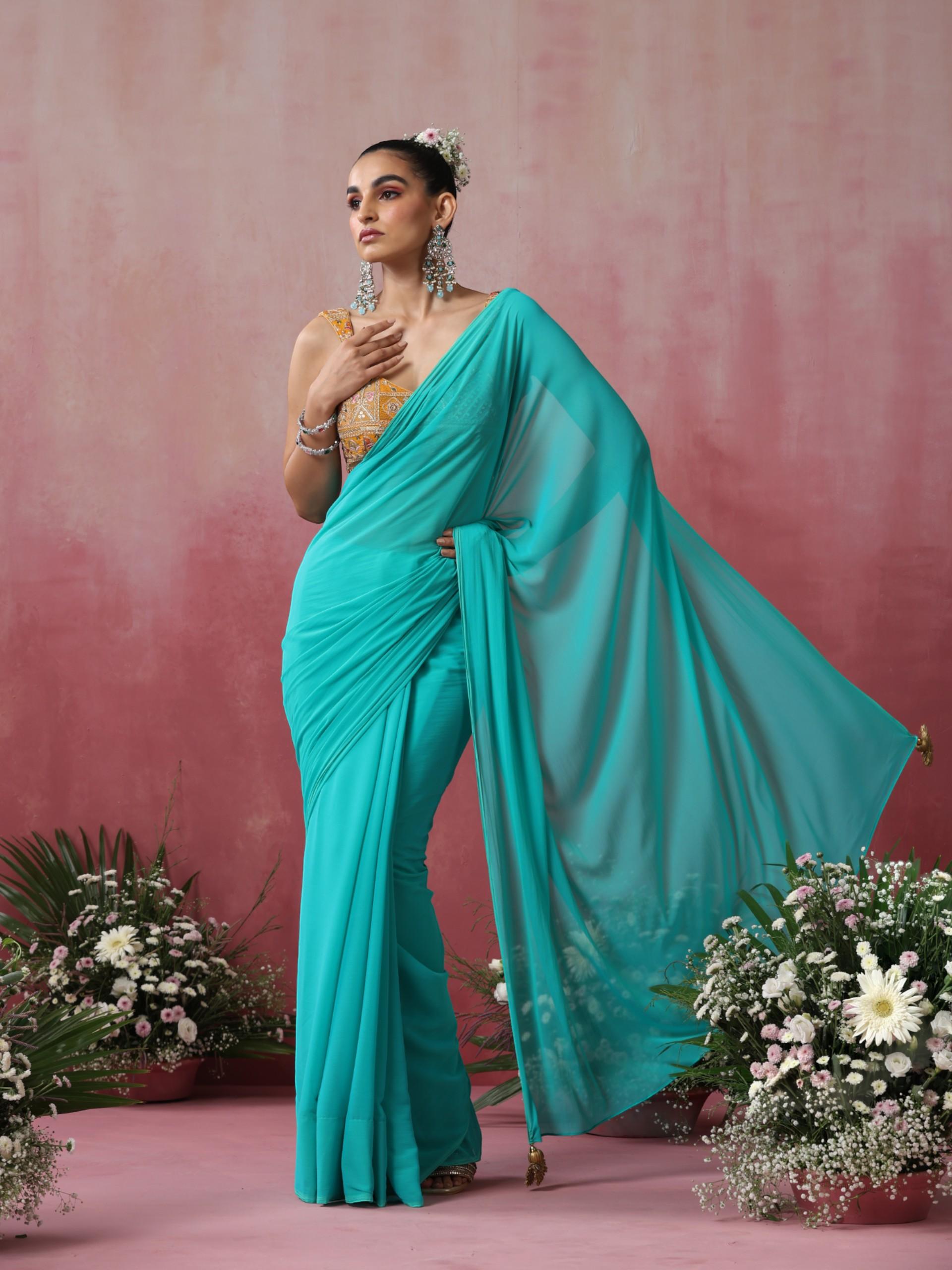 Hunny Bunny Blue and Green Chiffon Saree