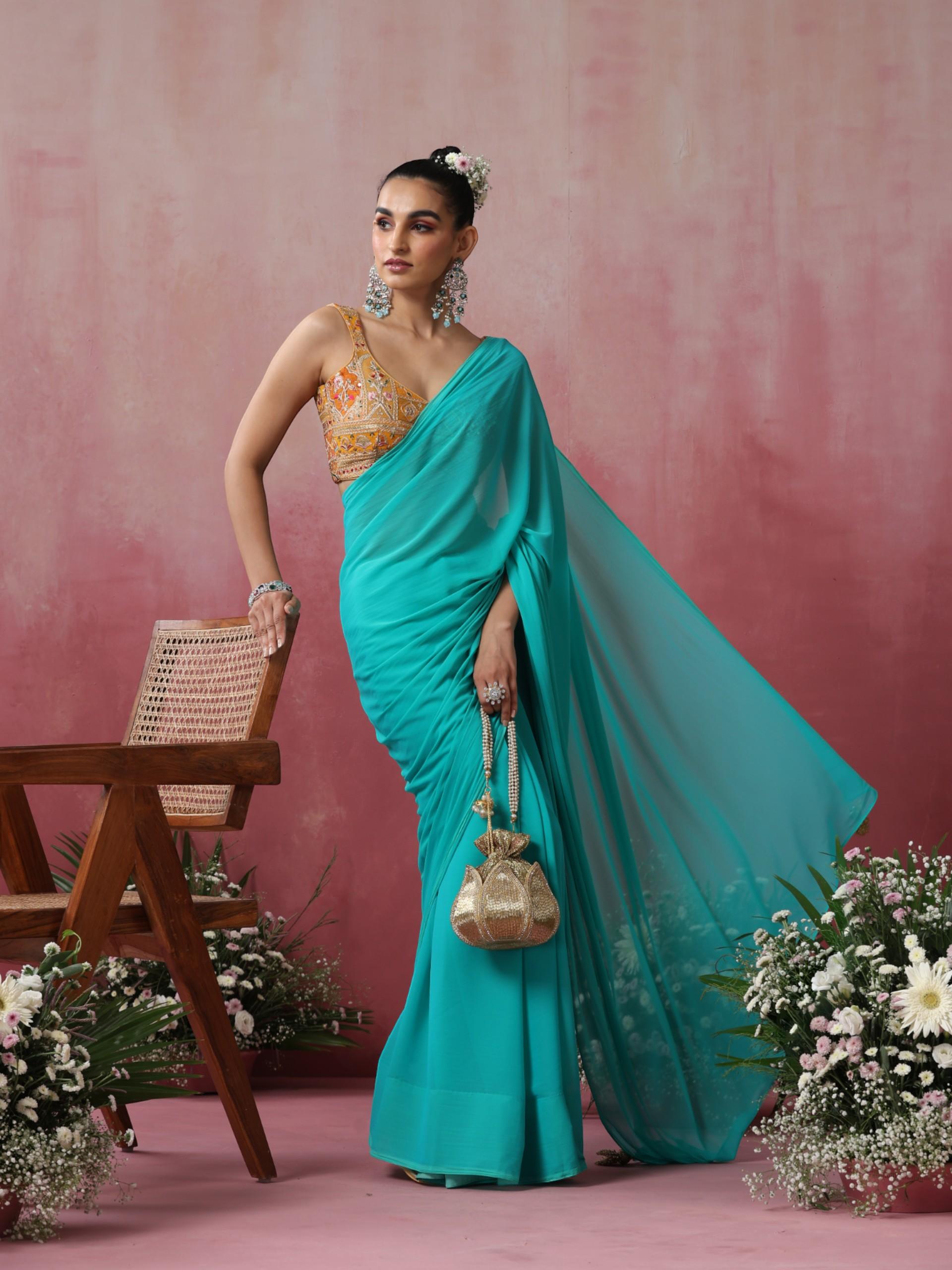 Hunny Bunny Blue and Green Chiffon Saree