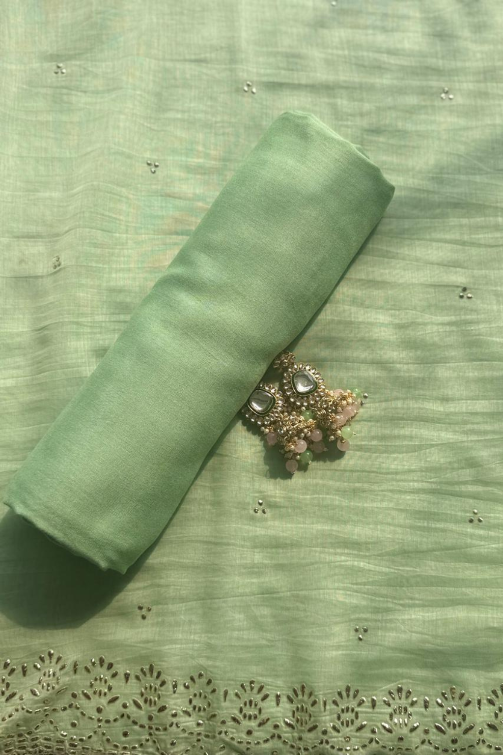 3 Pc Unstitched Suit - Chanderi Pistachio Mukiesh Kurta with Lining ,Dupatta and Bottom